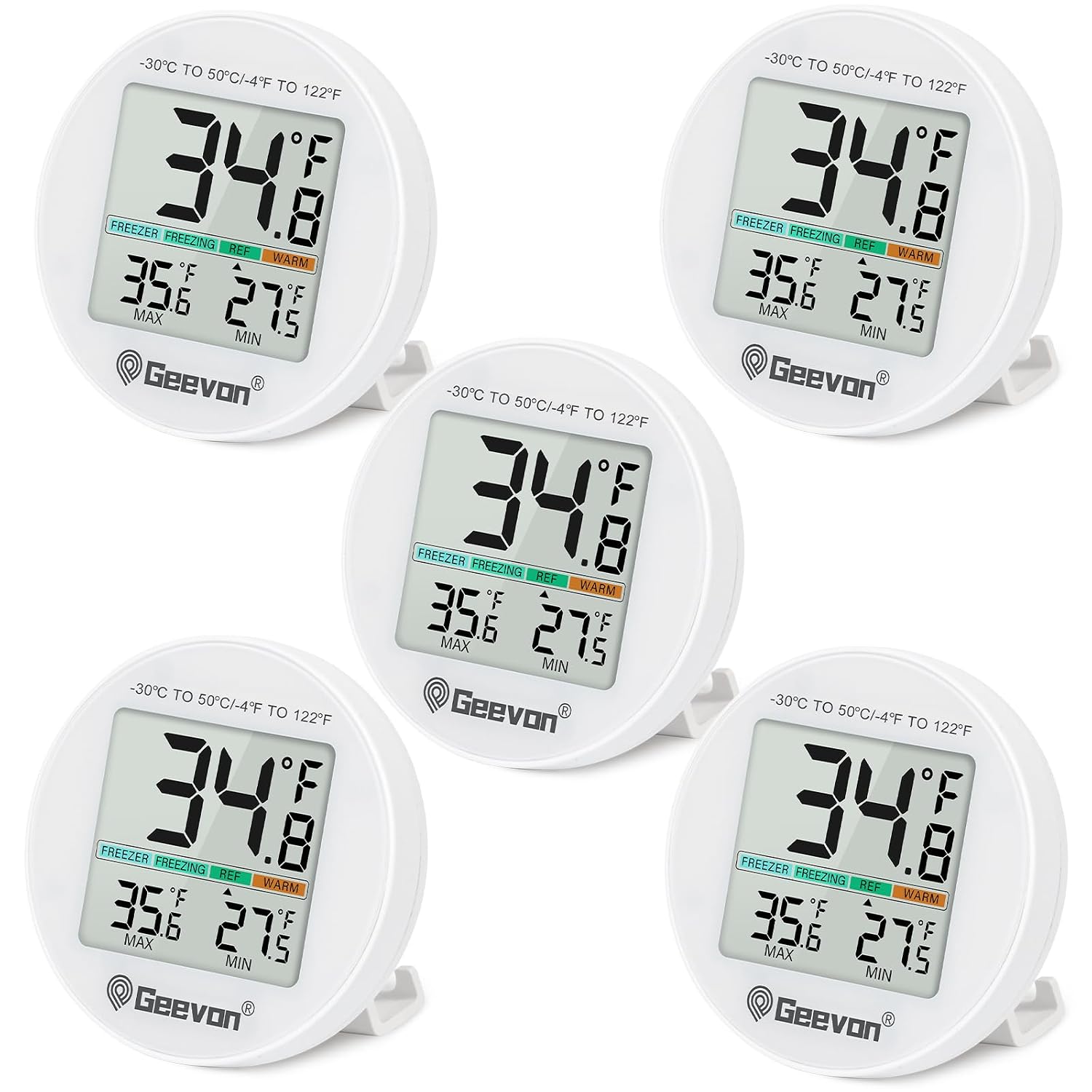 Geevon Small Digital Refrigerator Thermometer 5 Pack, IP65 Waterproof Commercial and Home Use, Max/Min Record Function with LCD Screen, Stand and Magnetic Back, for Fridge, Freezer Scenarios
