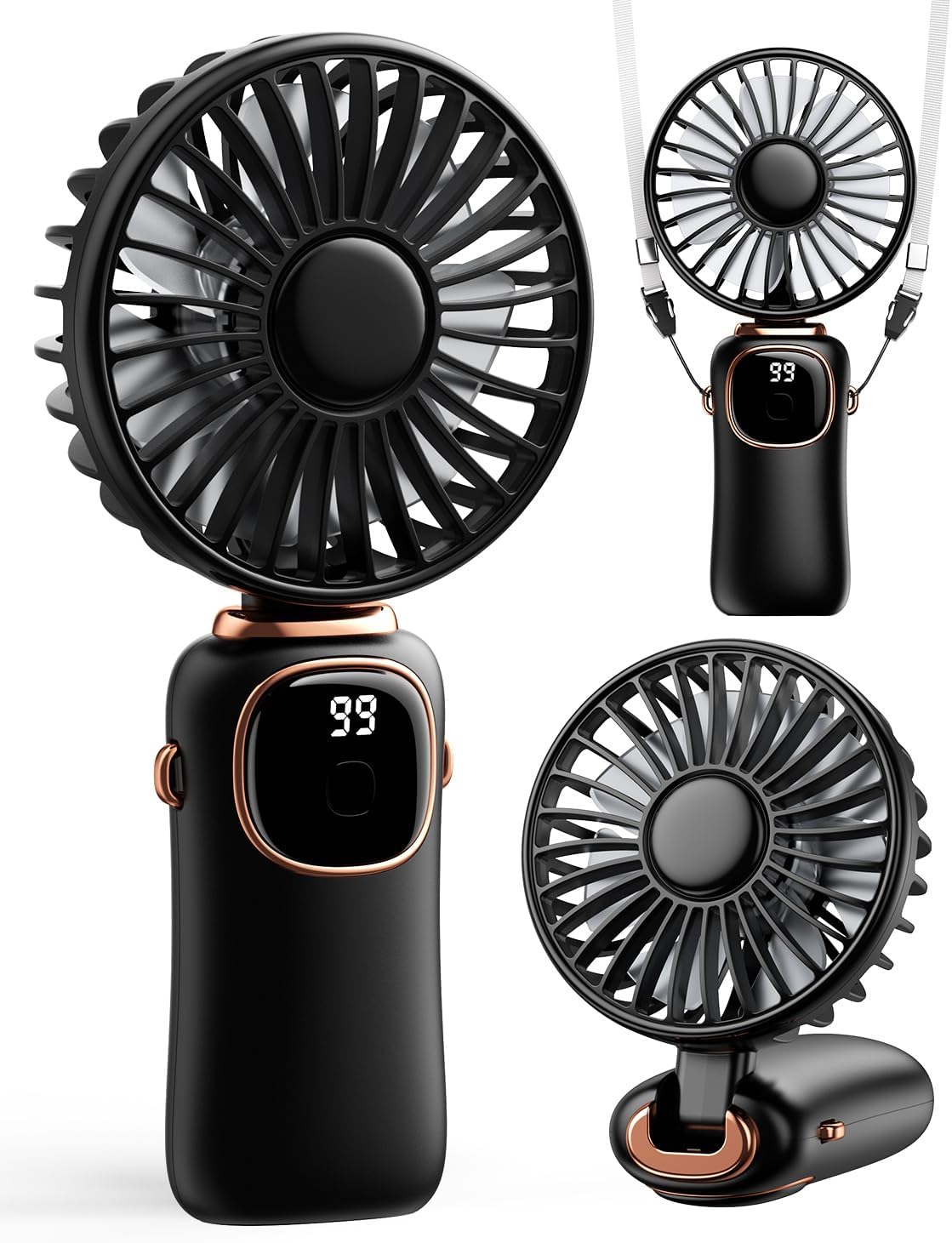 coldSky Portable Handheld Fan, 4000mAh Battery Operated 3 in 1 Multifunction Personal Travel Fans with Digital Display, 90ยฐ Foldable Desk Fan with Base, 5 Speed Lash Fan for Makeup/Office (Black)
