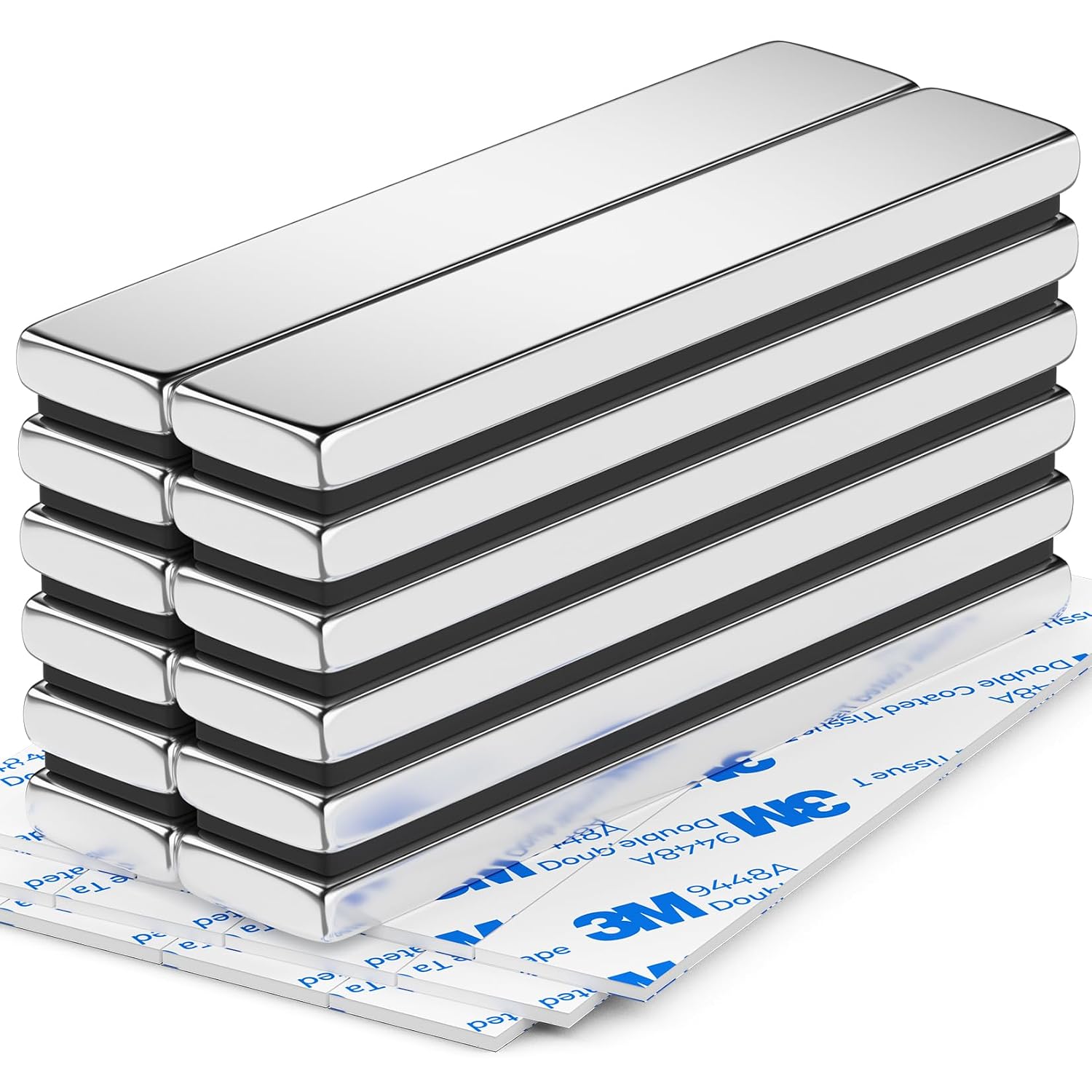VNDUEEY Strong Magnets, 12 Pack Neodymium Rare Earth Magnets with Adhesive Backing, Heavy Duty Magnet Bars for DIY, Whiteboard, Kitchen, Office, Cabinet, Craft Projects, Fridge (Silver, 60x10x3mm)