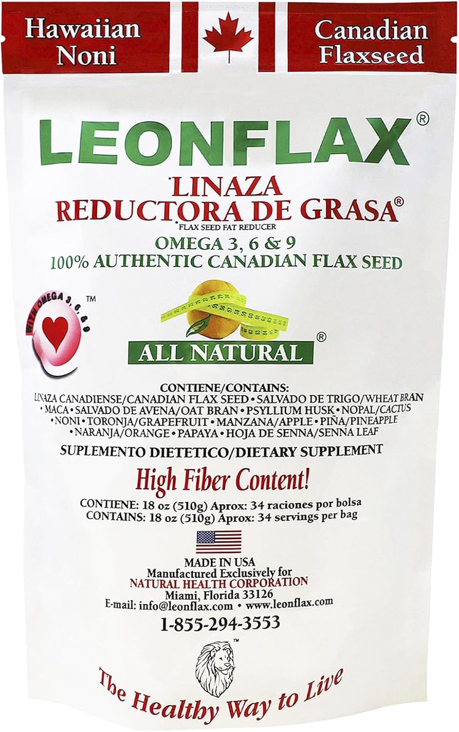 Leonflax, 100% Authentic Canadian Flax Seed, All-natural, High Fiber Content, Dietary Supplement to Improve your Digestive Health, 18 Oz, Bag