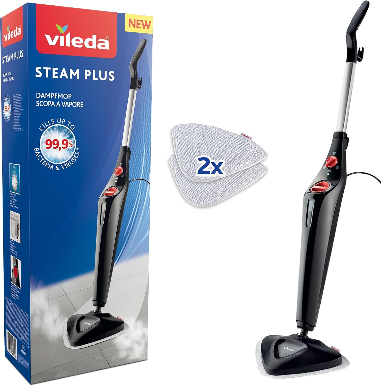 Vileda Steam Mop Plus - Fast Heating Floor Steamer for Hygienic Cleaning