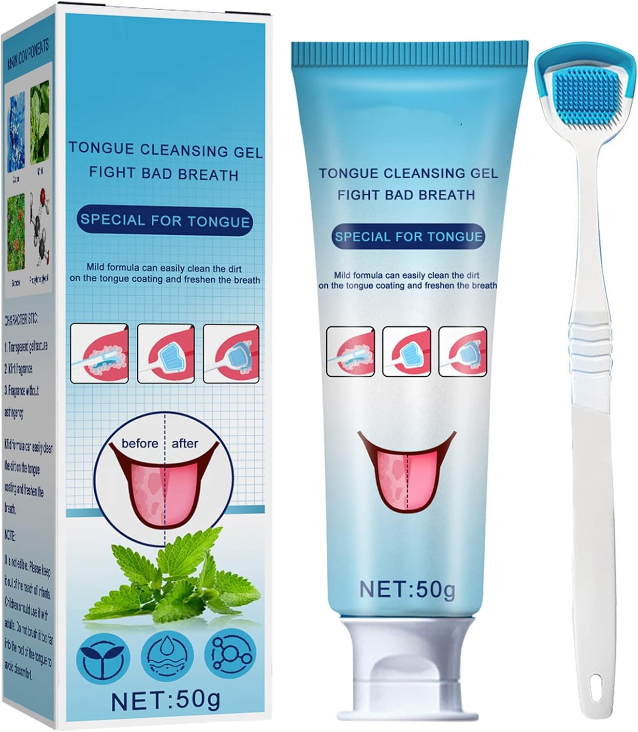 Tongue Cleaner Gel with Tongue Brush, Tongue Scraper, Tongue Cleaner Kit, Fresh Mint Tongue Cleaner Gel for Reduce Bad Breath and Maintain Mouth Health (Classic)