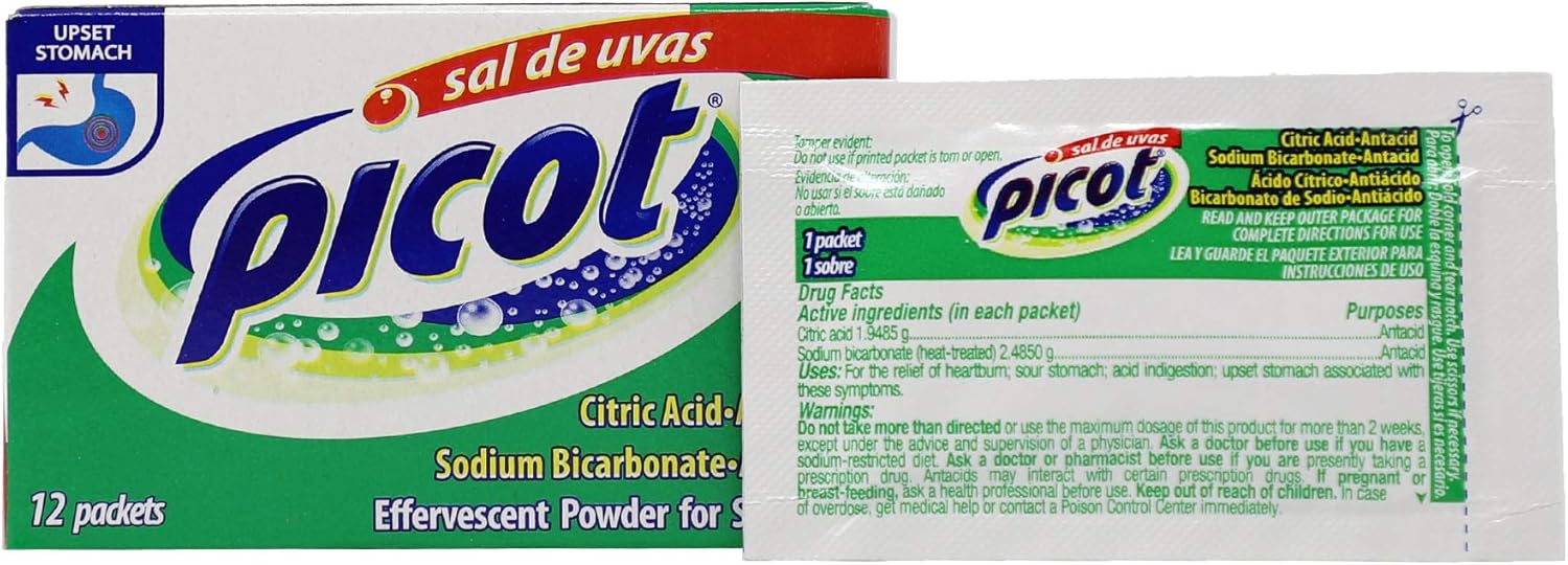 Sal de Uvas Picot, Effervescent Powder Solution, Antacid, 0.17 Oz, 1 Box of 12 Antacid Packets