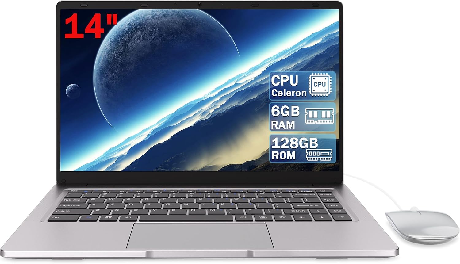 14" HD Laptop - Dual-Core Processor, 6GB RAM, 128GB SSD, Long Battery Life, Compact Design for Daily Productivity