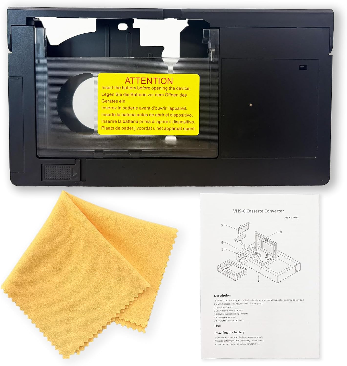 Motorized VHS-C to VHS Cassette Adapter - Ideal for VCR Player , VHS Tape for Camcorder and VHS to Digital Converting(Not Compatible with 8mm/Minidv/Hi8) with Yellow Lens Clean Cloth