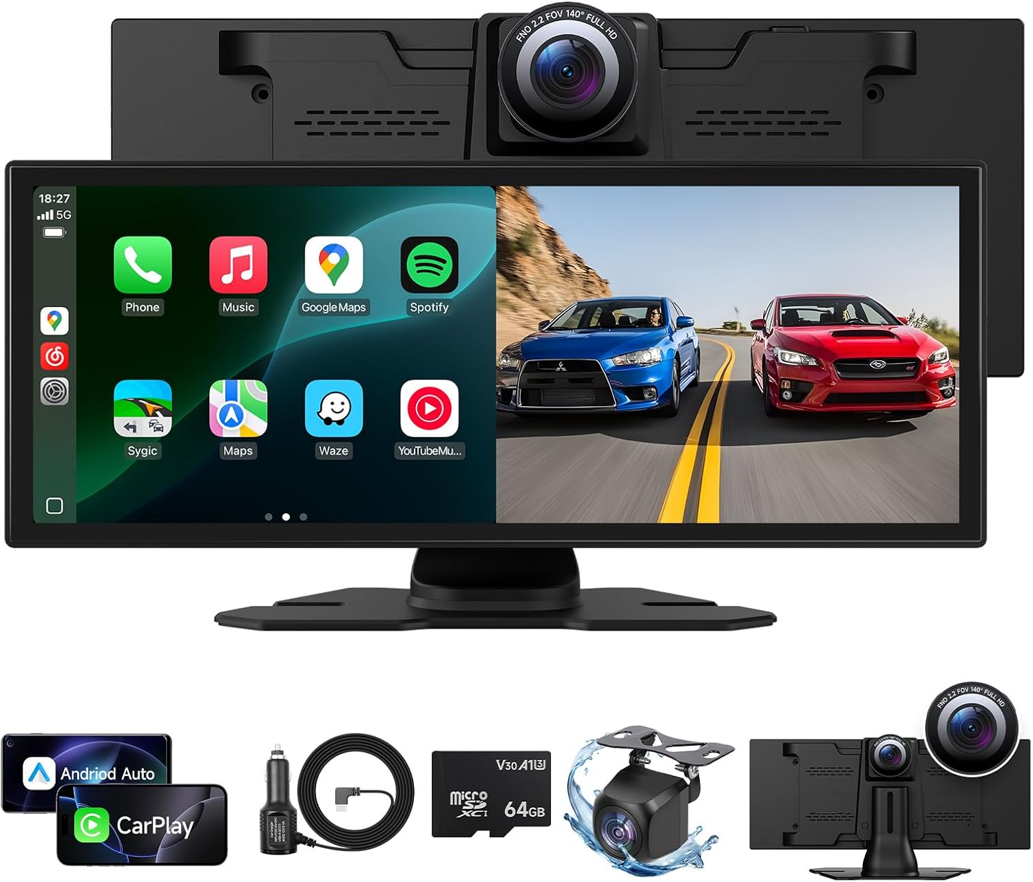 Upgrade Wireless Carplay Screen for Car with 4K Dash Cam, 11.26'' Portable A-pple CarPlay & Android Auto Car Stereo Touchscreen with Backup Camera, Mirror Link/GPS Navigation/Bluetooth/Siri/FM