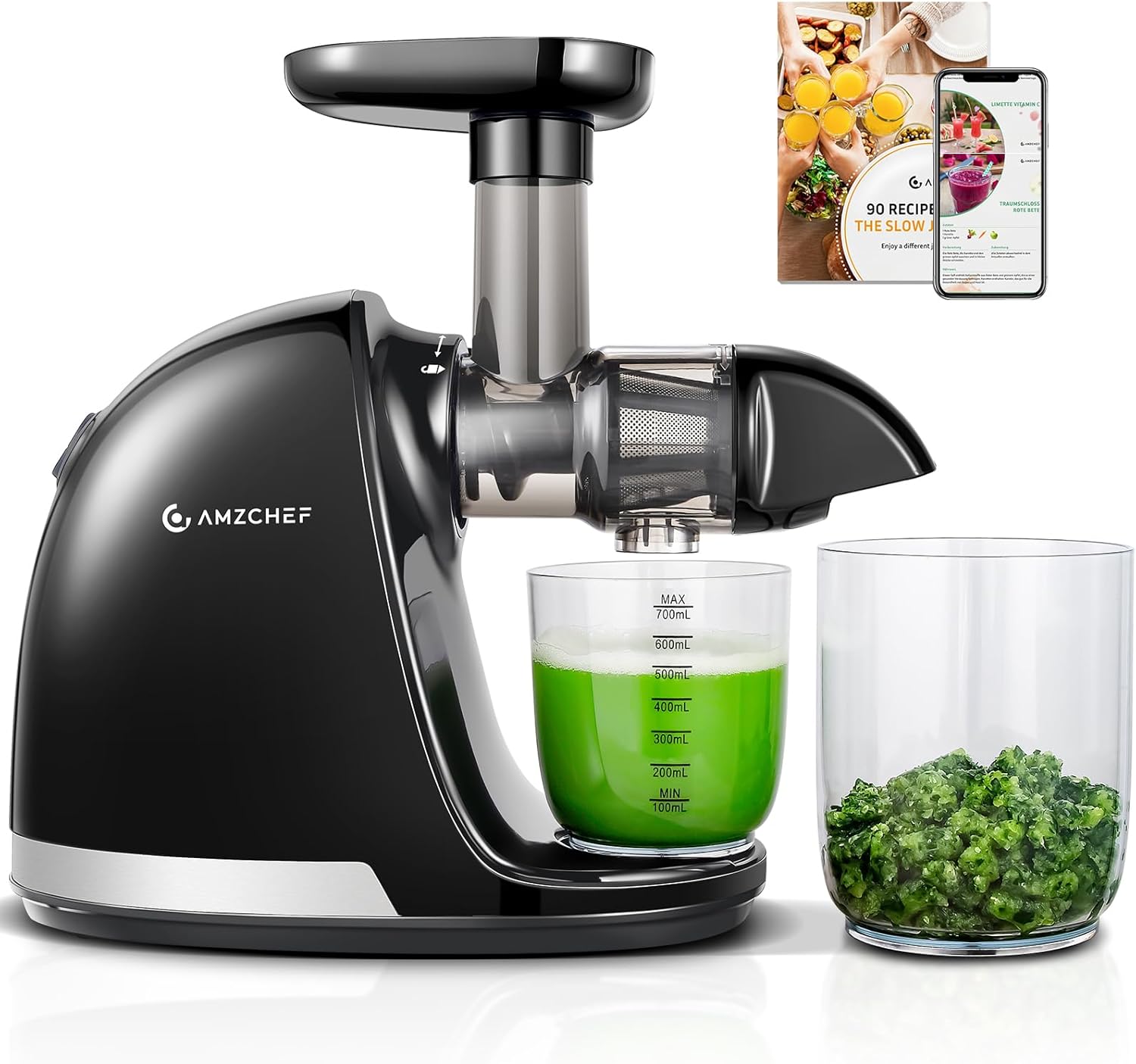 AMZCHEF Juicer Machines - Cold Press Slow Juicer - Masticating Juicer for Whole Fruits and Vegetables - Delicate Chew No Need to Filter - BPA Free Juice Extractor with 2 Cups and Brush - Black
