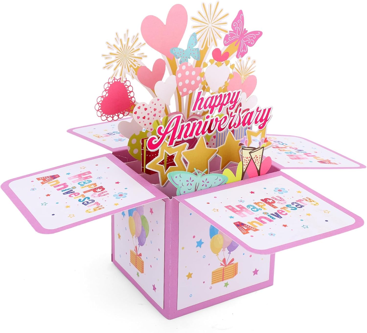 Anniversary Pop Up Card, Colorful Heart Butterfly Fireworks 3D Anniversary Cards with Greeting Card & Envelope Romantic Pop Up Cards for Wife Husband Couple