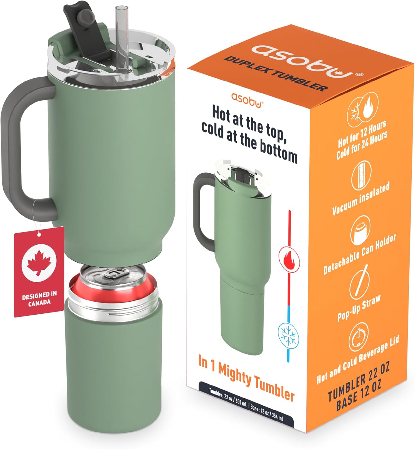 ASOBU DUPLEX 2-in-1 Travel Mug and Beer Can Holder Enjoy hot and cold drinks simultaneously -22 oz Hot Coffee or Tea Tumbler with Attached 12 oz Cold Can Holder for Beer or Soda, Basil Green