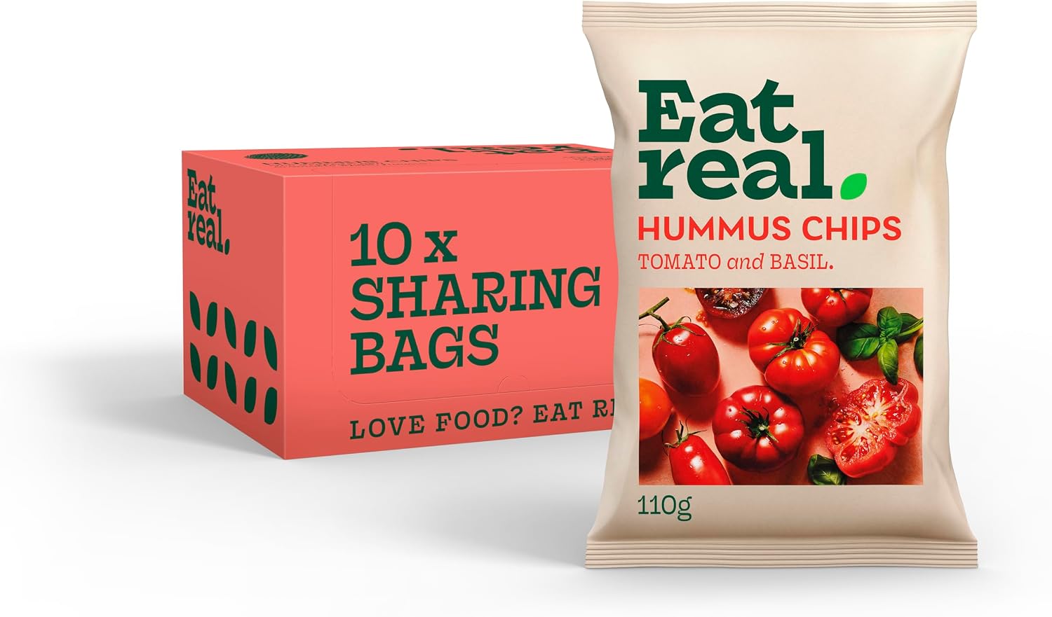 Eat Real, Hummus Chips, Tomato and Basil, 10 X 110g, Gluten-Free Crisps Multipack, Vegan-Friendly, Healthy Snacks, Plant-Based
