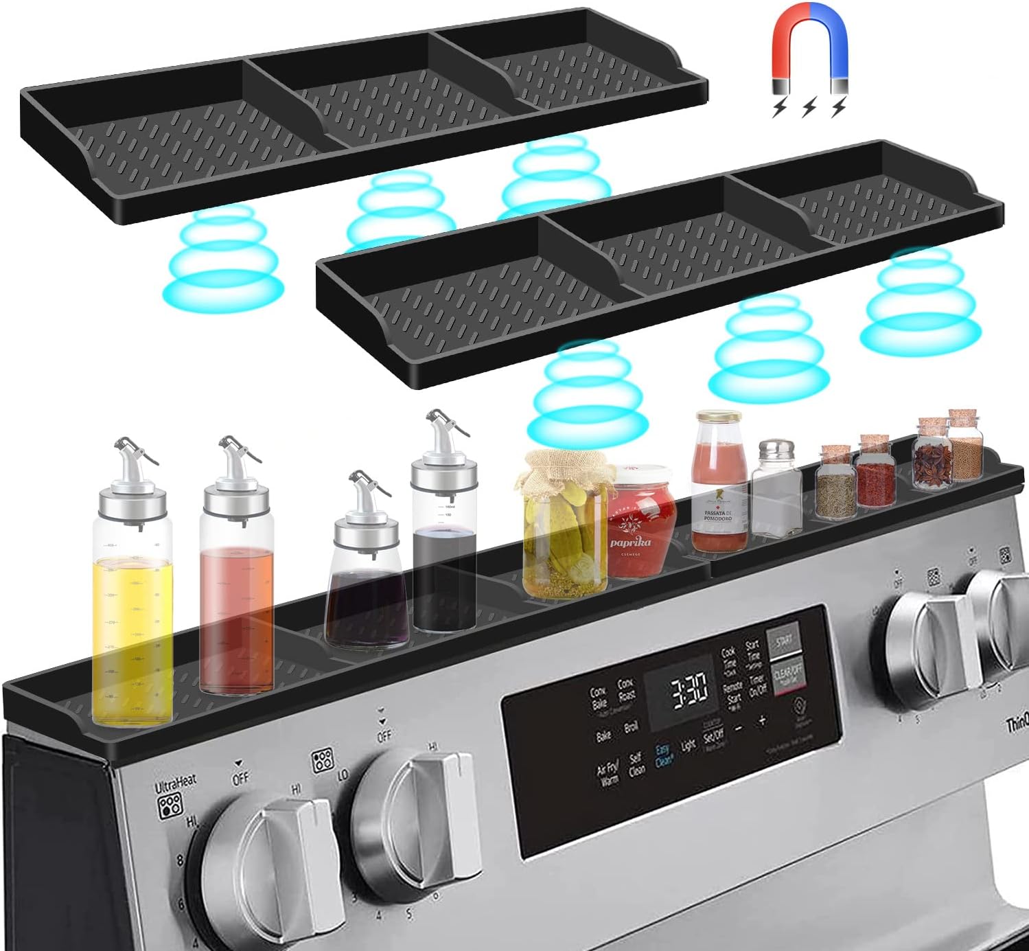 Hydream 30 Inch Magnetic Stove Top Shelf - Silicone Spice Rack Organizer for Kitchen - Above Stovetop Storage With Flat Back and Suction - Black