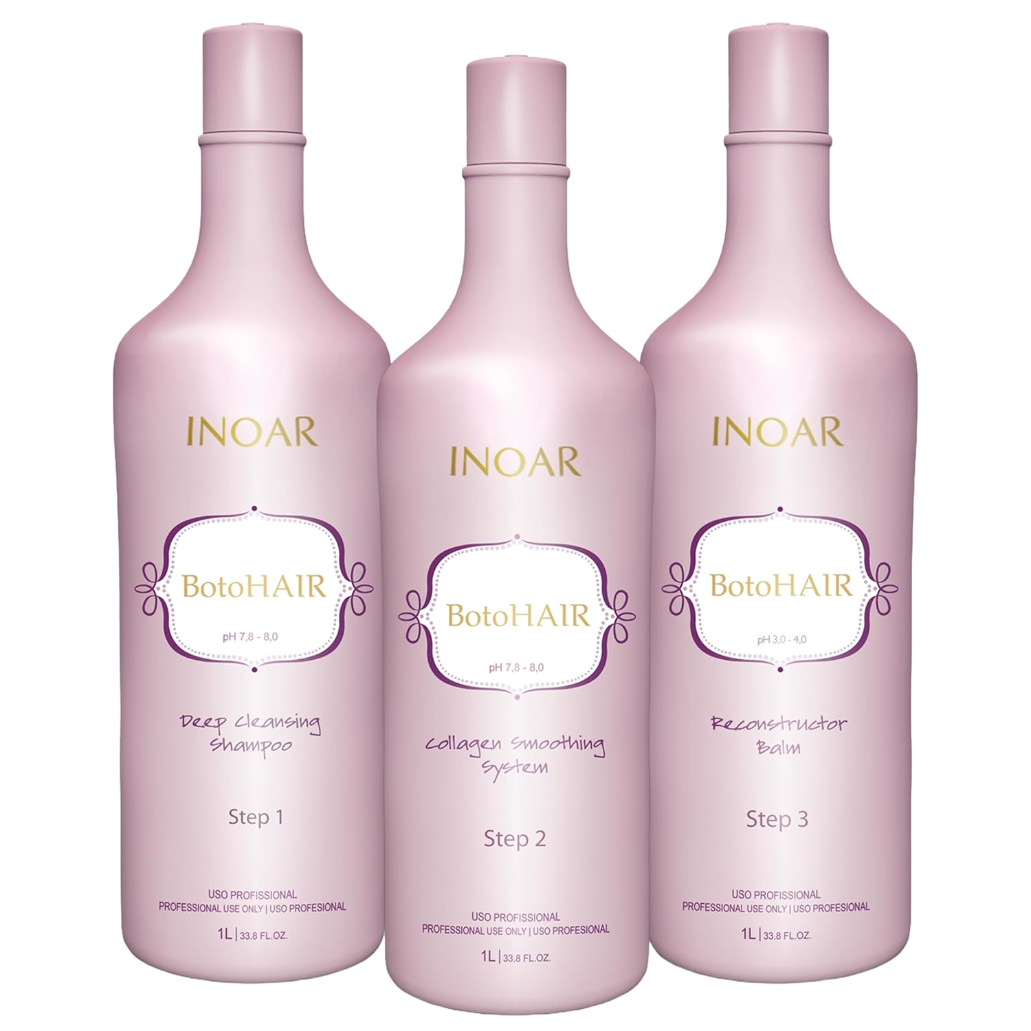 Inoar BotoHair Collagen Smoothing System with Keratin, Deep Cleansing Shampoo, Collagen Smoothing System & Reconstructor Balm, 33.8 fl oz Each