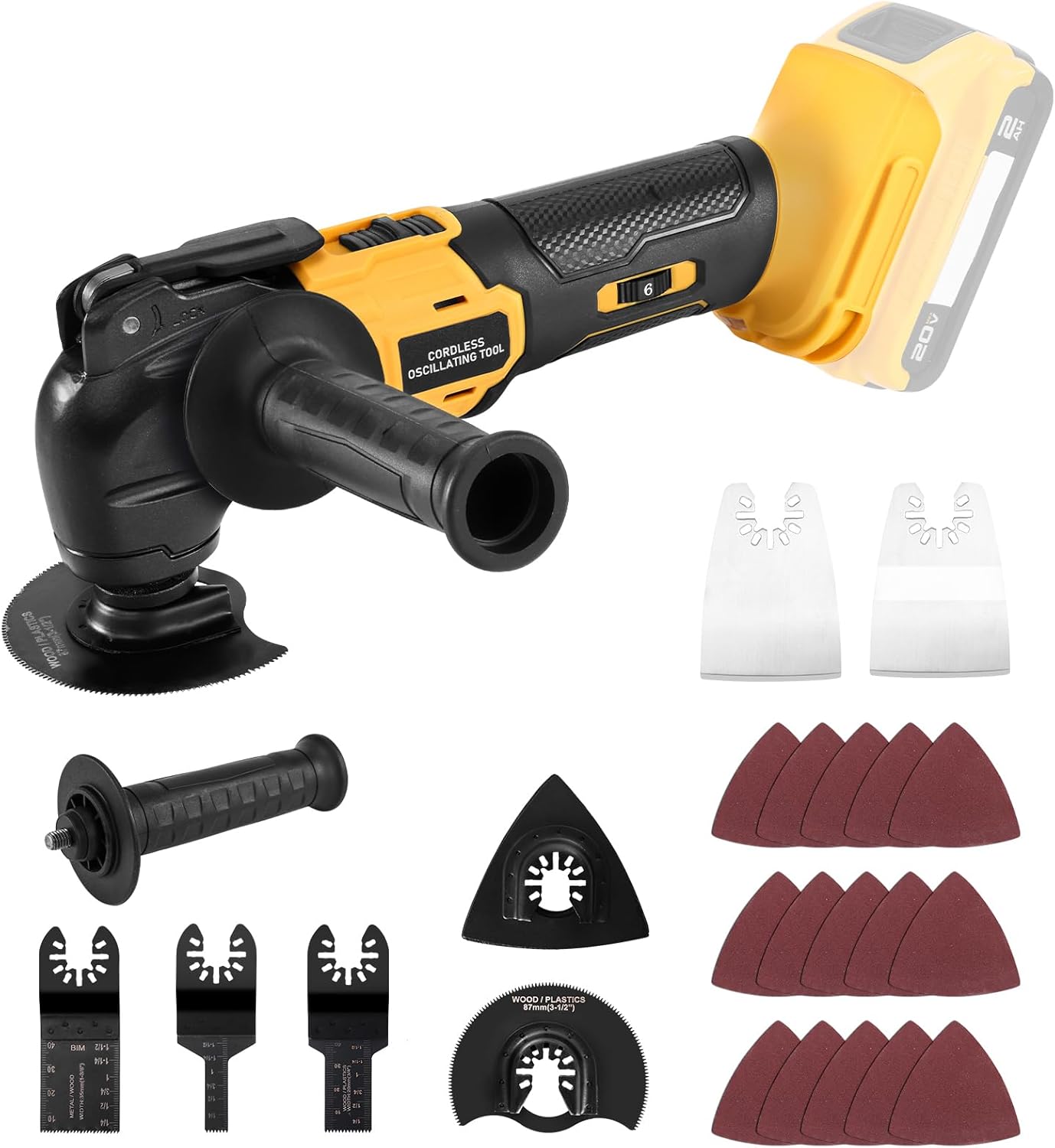 Cordless Oscillating Tool, Brushless Orbiting Tool Compatible with De-Walt 20V Battery, 23 PCS Multi-Tool Kit with Auxiliary Handle for Cutting, Scraping, Sanding, 6 Variable Speed (Tools Only)