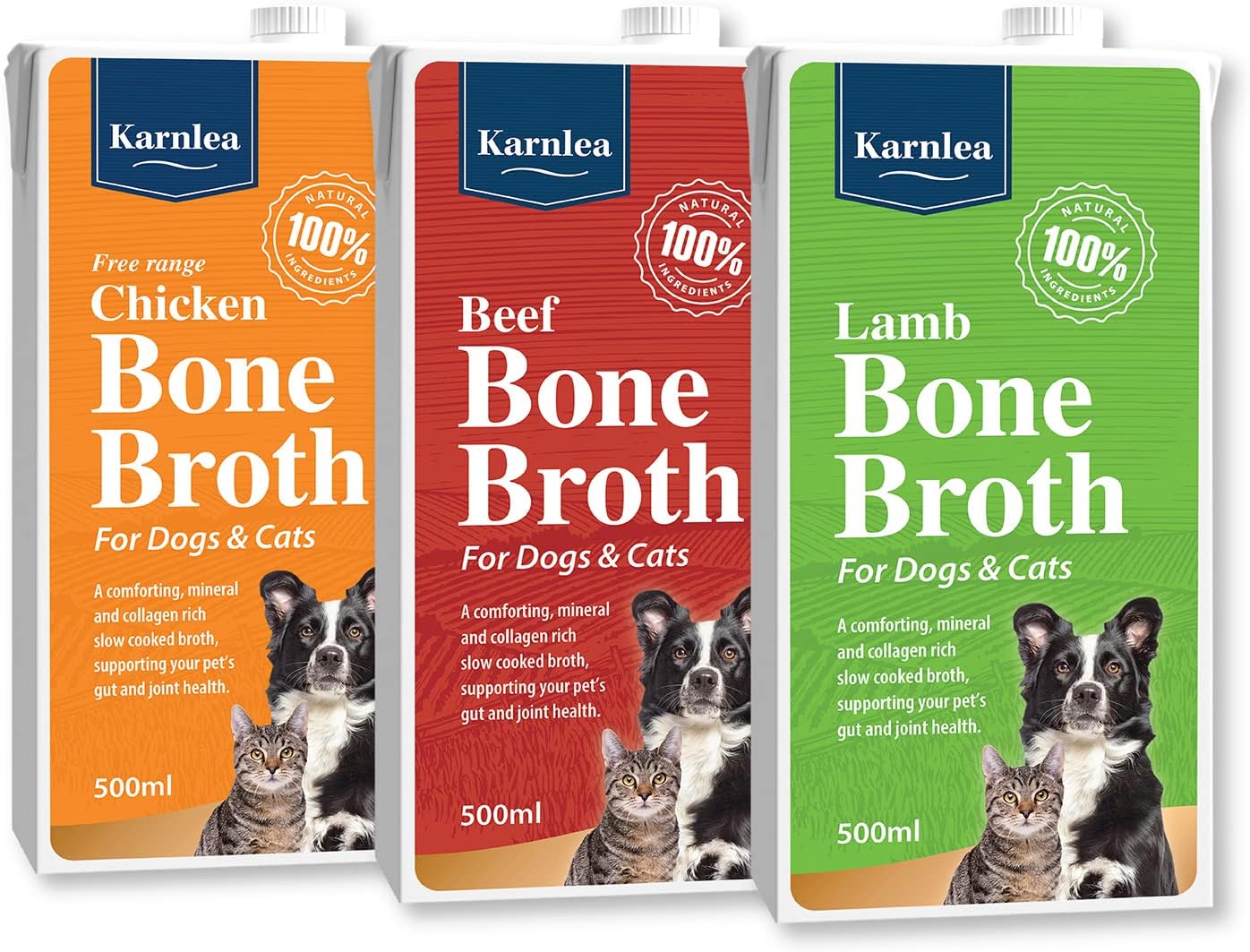 Karnlea Pets Bone Broth Variety Pack - 3x 500ml | 100% Real Chicken, Beef & Lamb Liquid Bone Broth for Cats & Dogs | High in Collagen & Protein for Healthy Joints, Gut, Digestion, Skin & Sickness