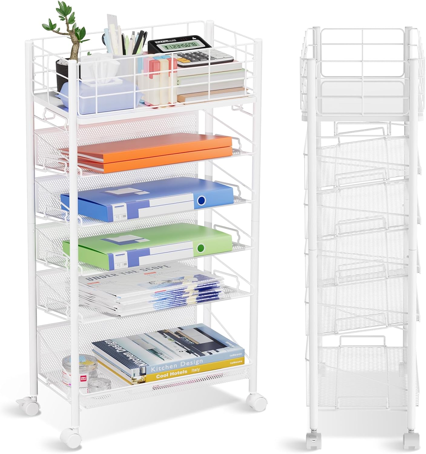 Rolling File Cart with Wheels, 6 Tier Metal Rolling File Organizer Cart Beside Desk,Mobile Book Carts with Wheels for Office Home School Library Teacher Classroom, White