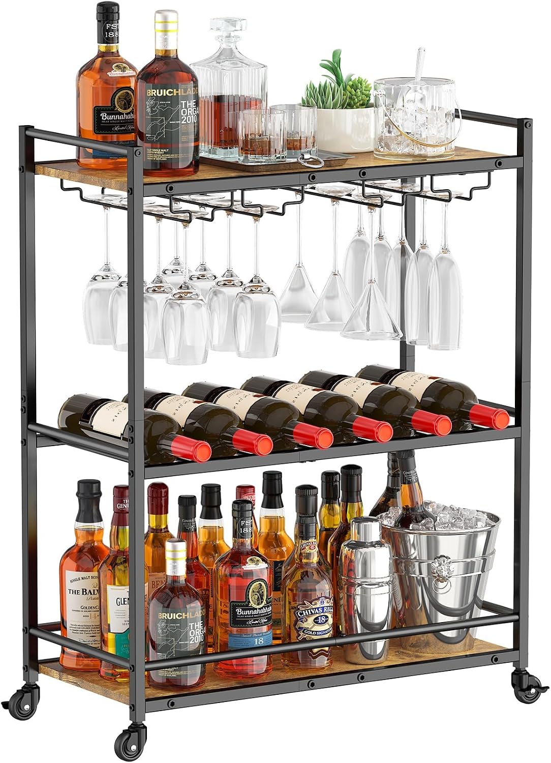 Lifewit Drink Trolley, 3 Tier Bar Cart with Lockable Wheels, Wine Rack and Glass Holders, Serving Cocktail Alcohol Trolley for Kitchen Dining Living Room, 63.2 x 30 x 81.5 cm, Rustic Brown