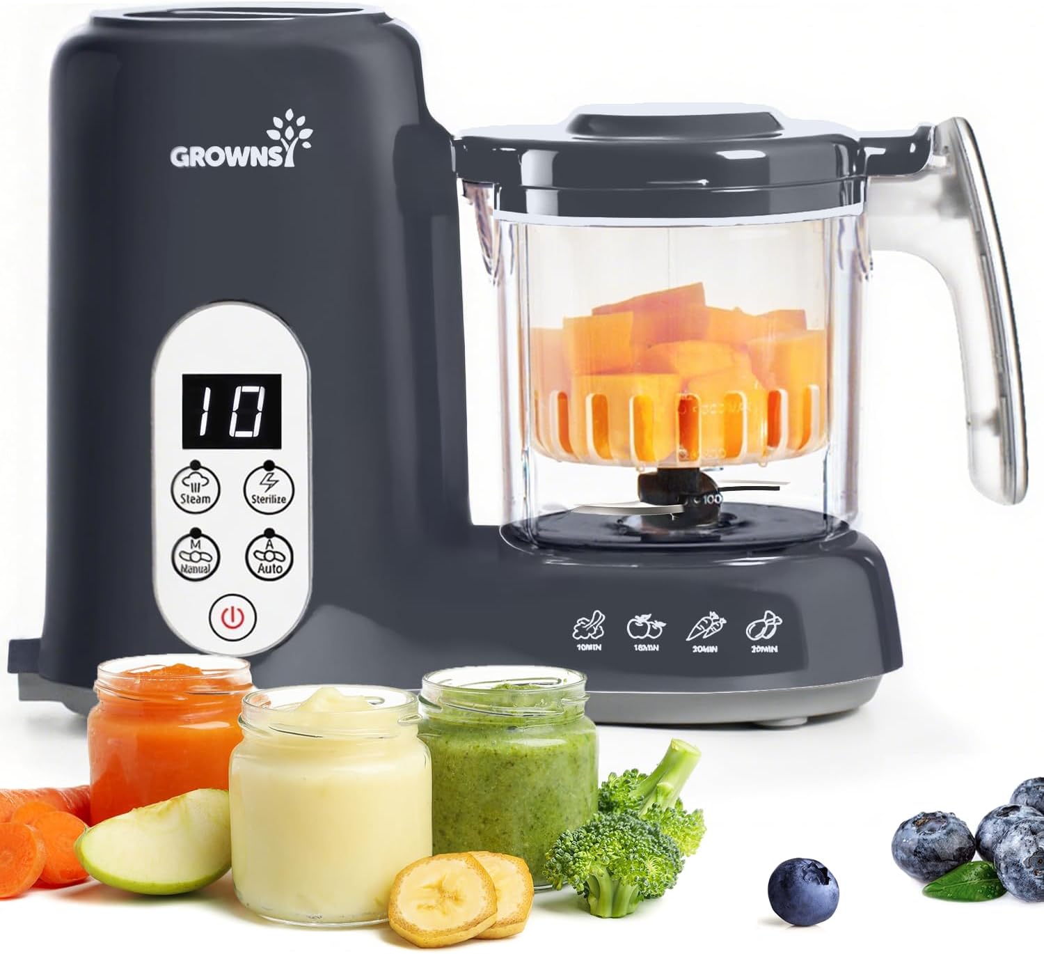 Grownsy Baby Food Maker with Steam Basket, One Step Baby Food Processor Steamer Puree Blender Grinder Mills Machine, Auto Cooking Grinding and Sterili-zing for Healthy Homemade Baby Food, Dark Grey