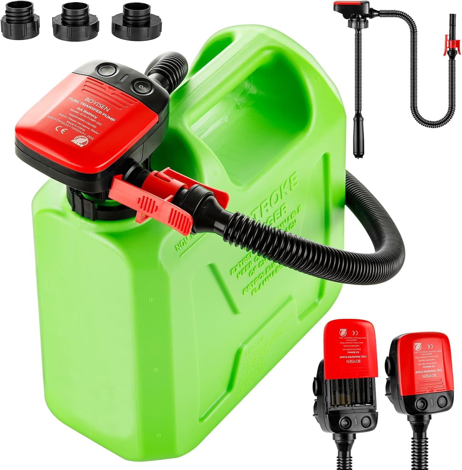 BOYISEN Automatic Fuel Transfer Pump with Auto-Stop, AA Gas Can Pump Battery Operated with Extra Long Hose Fits Most Size Gas Cans, Gasoline, Diesel, Oil ﻿