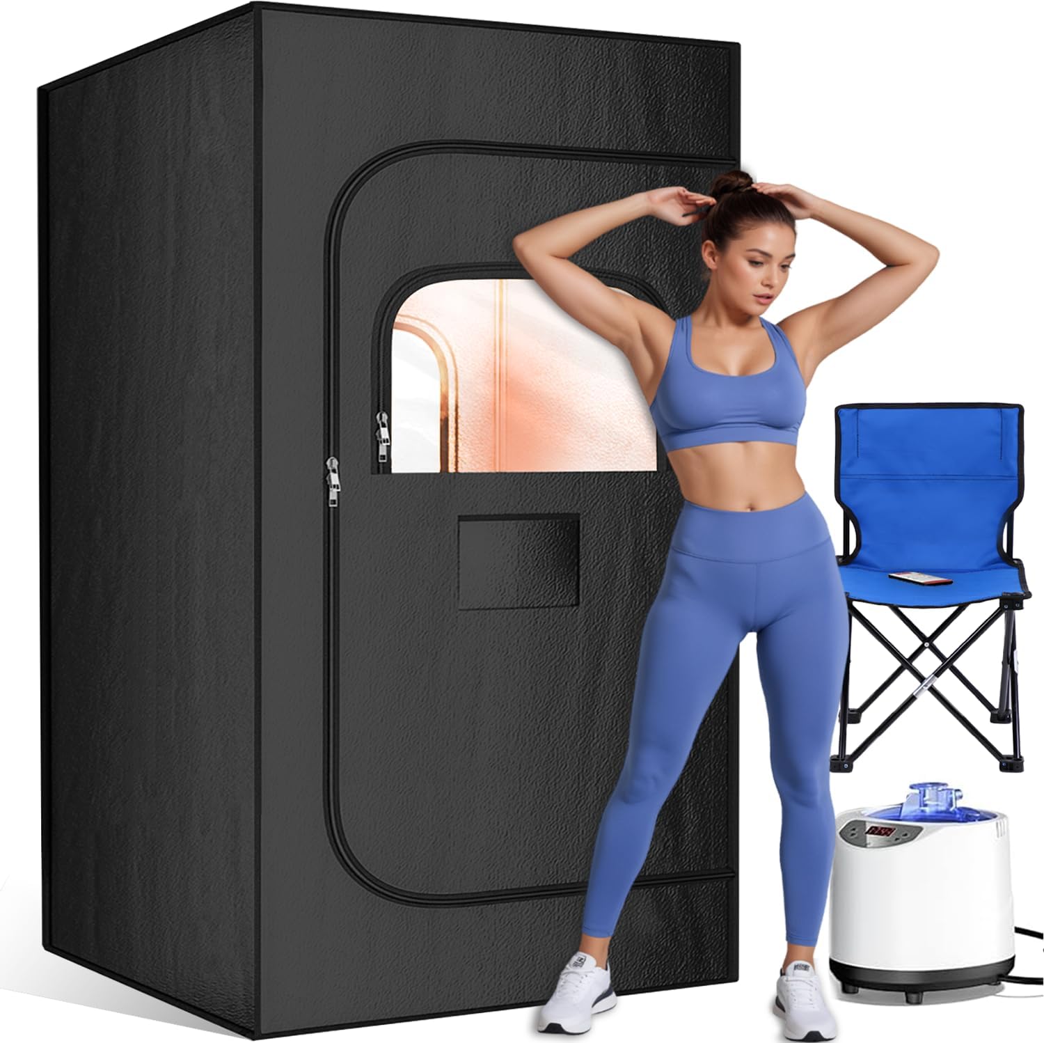 Portable Steam Sauna for Home, Personal Sauna Tent at Home Use, Professional Steamer Kit: 1200W Power + 3L Tank & Carry Chair, 2-Way Control: Tap The Panel or Click The Remote – Heat Your Way
