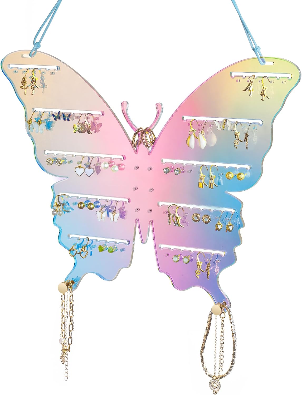 NiHome Iridescent Acrylic Butterfly Wall Mount Jewelry Organizer Rack, Rainbow Earring and Necklace Holder for Girls, Home and Store Use, Easy No-Tool Installation & Elegant Design for Jewelry Display