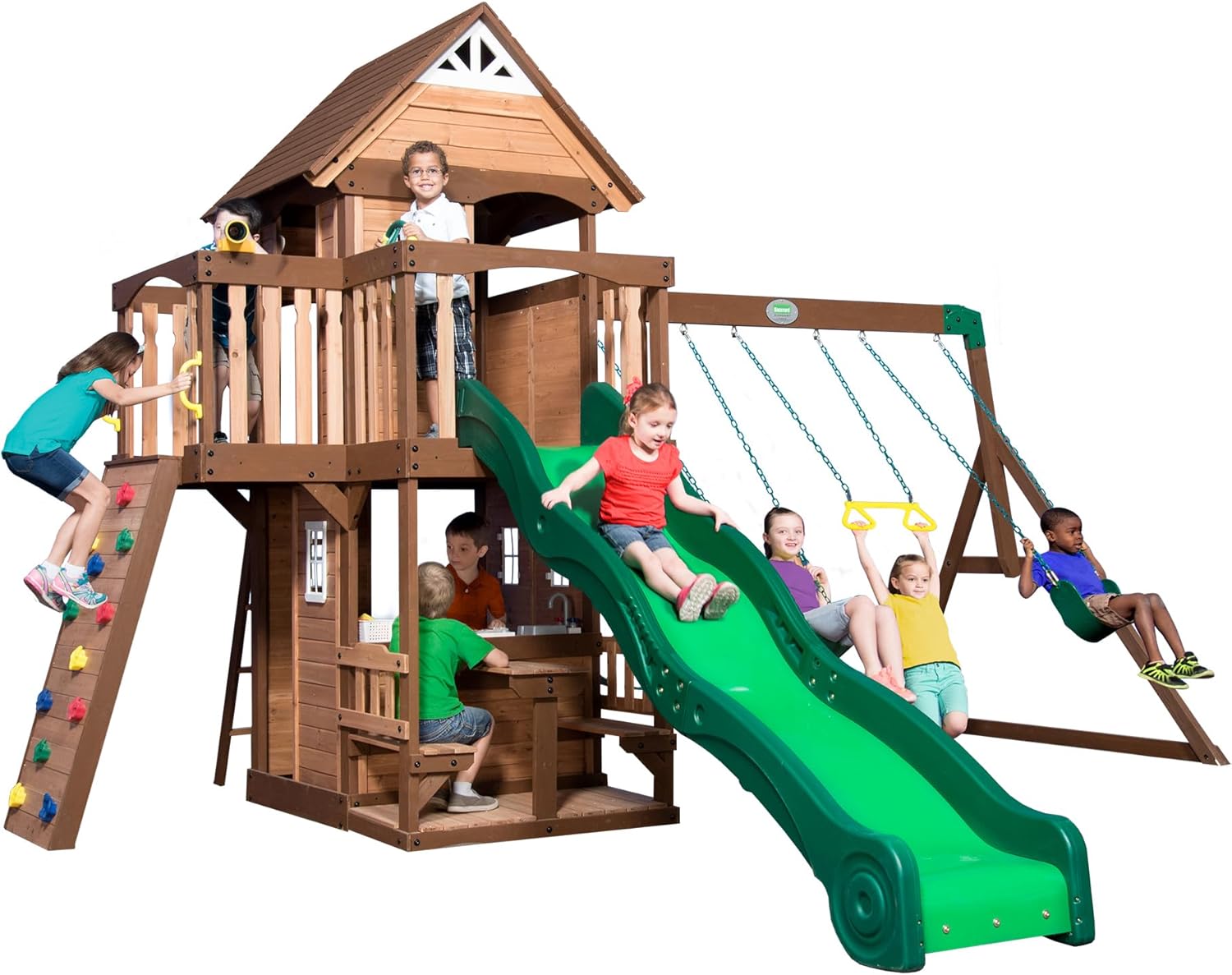 Backyard Discovery Mount Triumph Cedar Wood Swing Set with Wave Slide, Clubhouse, Rock Wall, Play Kitchen, Picnic Area, Belt Swings, Trapeze, Balconies, Playhouse, Ladder, Accessories, Outdoor Playset