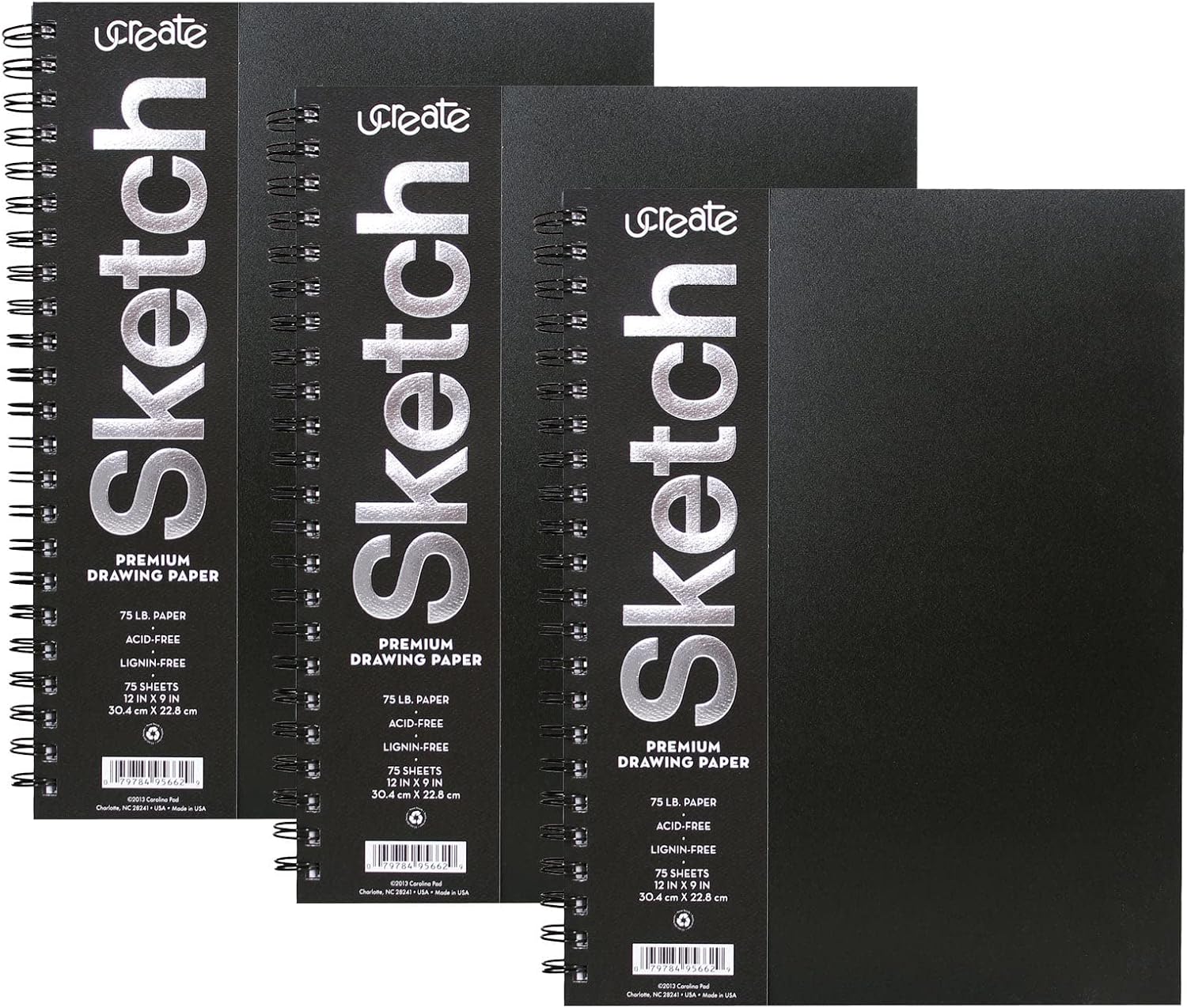 UCREATE Poly Cover Sketch Book, Heavyweight, 12" x 9", 75 Sheets, Pack of 3, Black, White