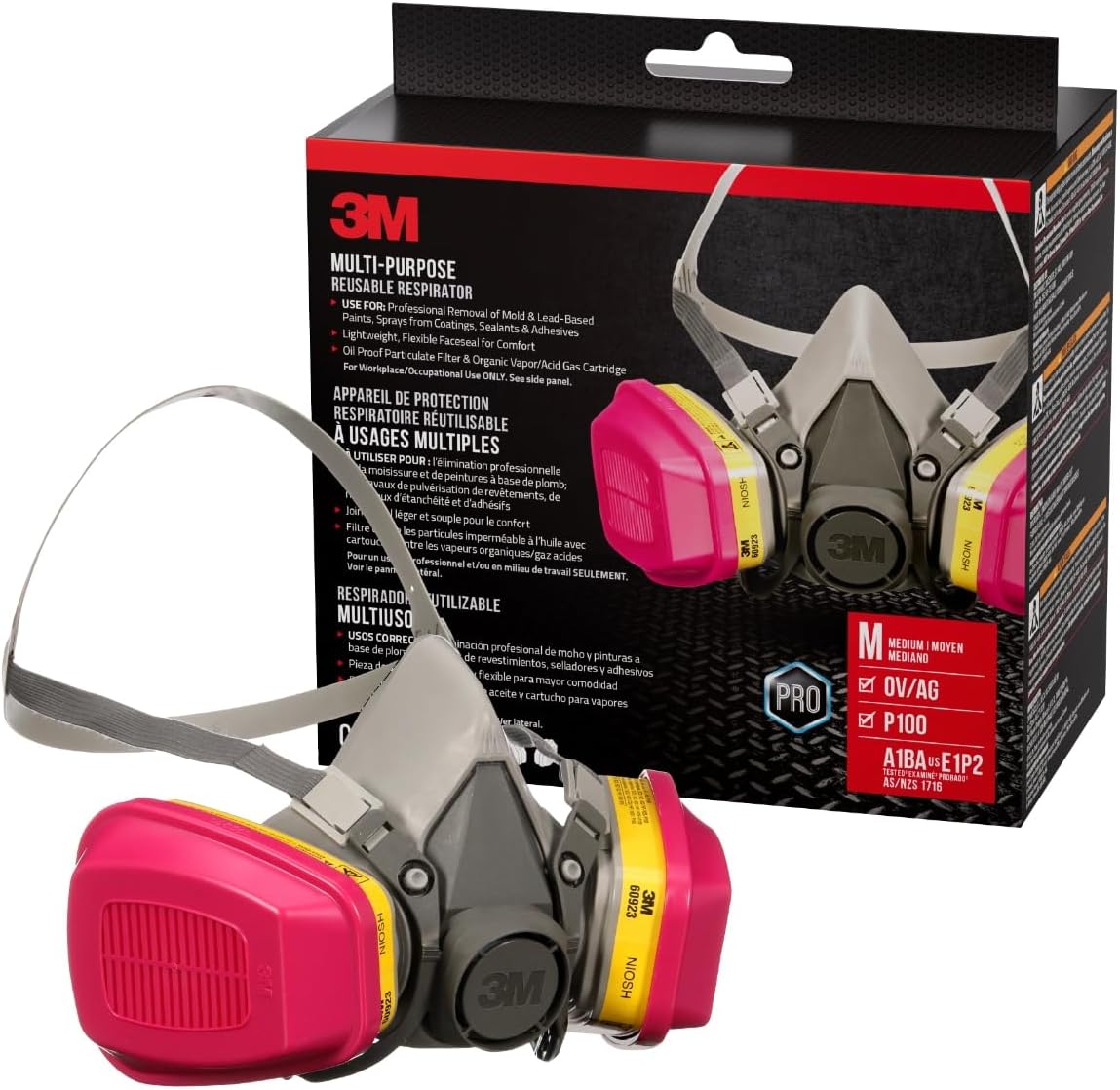 3M P100 / OV / AG Multi-Purpose Reusable Respirator 62023, Medium Size, NIOSH-APPROVED P100 / Organic Vapor / Acid Gas Rated Filters, Adjustable Head Straps, Comfortable & Lightweight (62023H1-DC)