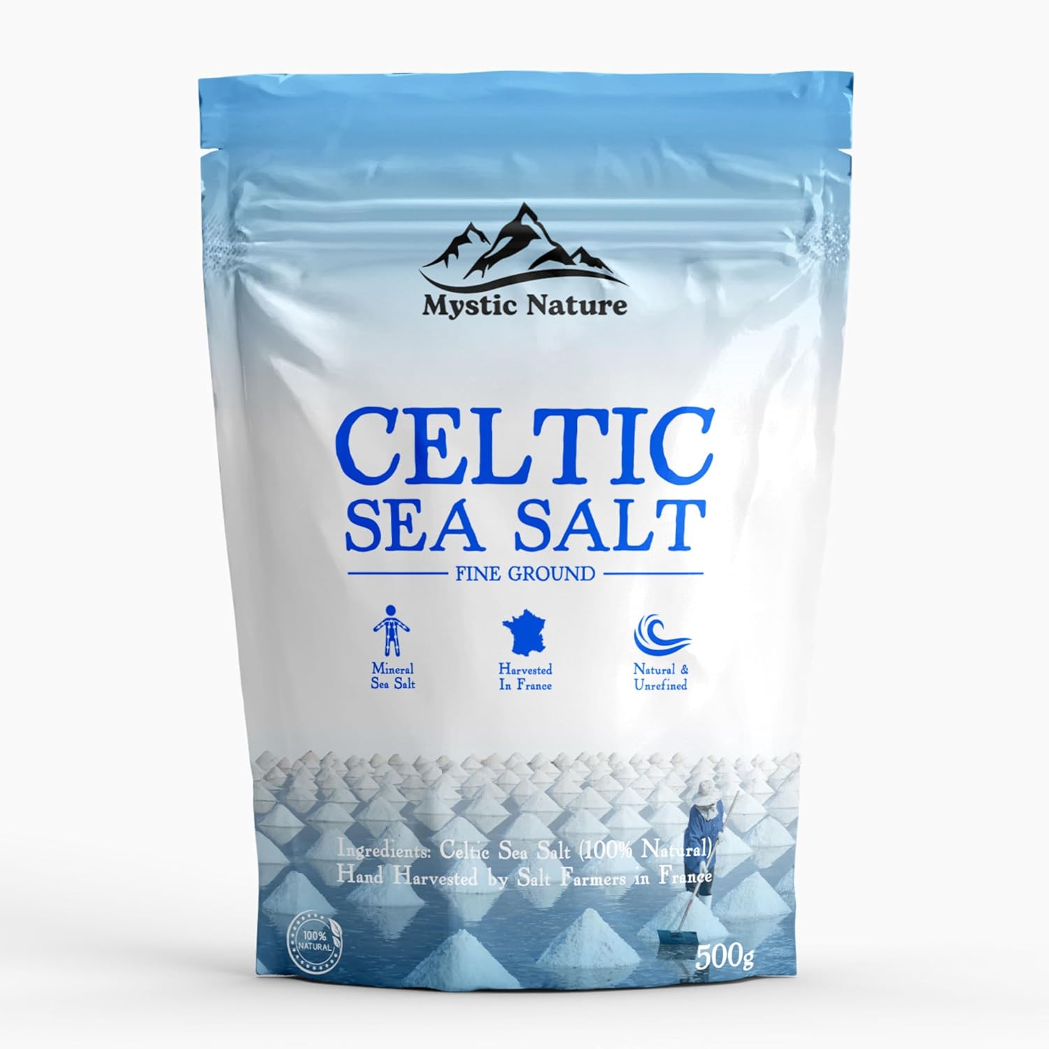 Mystic Nature Celtic Sea Salt - 500g | Fine Ground | 100% Natural Unrefined Mineral Rich Celtic Salt Crystals From France | Rich In Magnesium Calcium