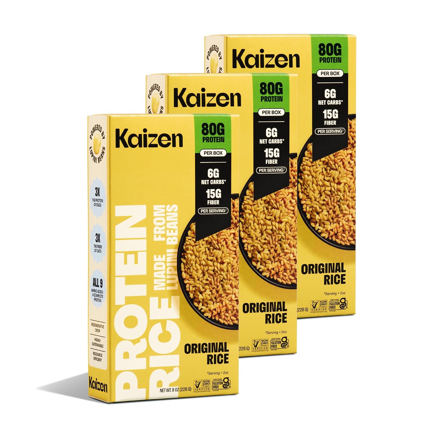 Kaizen Low Carb Rice, 20g High Protein, 6g Net Carb, Original 8 Oz (3-Pack)
