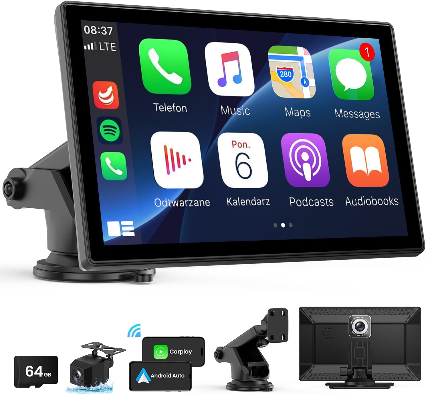 Wireless Carplay Screen for Car - 9'' Portable Car Stereo with 4K Dash Cam, 1080P Backup Camera, Car Satellite Radio with Apple Carplay & Android Auto, GPS Navigation/AirPlay/Voice Control (1026CP)
