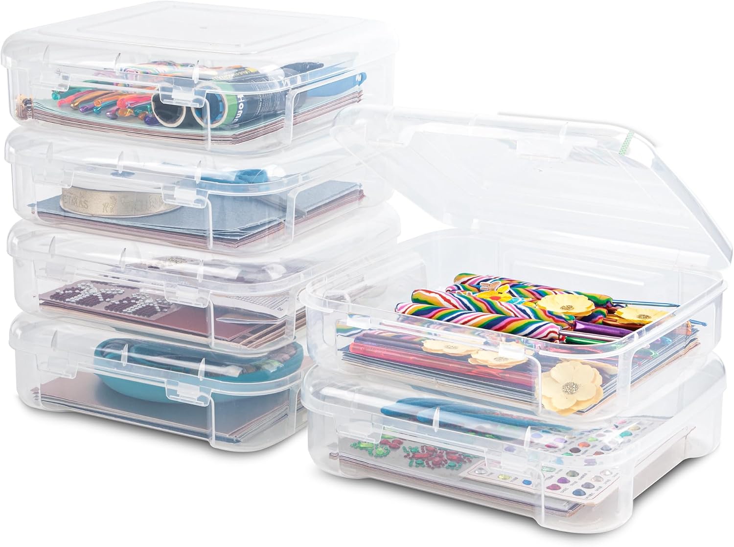 6 Packs Clear Photo Storage Containers with Rounded Corners, Stackable Small Storage Box for 6" x 6" Scrapbooking Paper, Art and Craft Supplies Storage, Washi Tape,Nail Polish, Cheer Bow Box