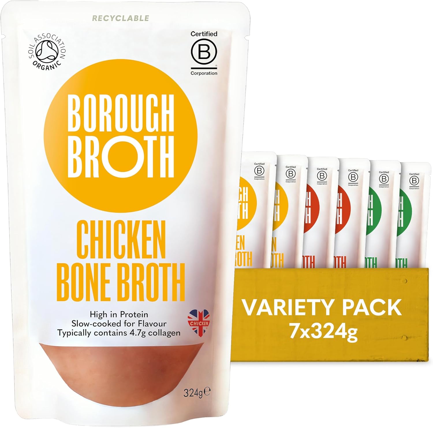 Organic Bone Broth Variety Pack by Borough Broth - Beef, Chicken & Lamb Broth - High Protein & Collagen, Low Carb, Gluten-Free & Keto - Chilled Bone Broth For Soups, Stews & Sauces - 7 x 324g