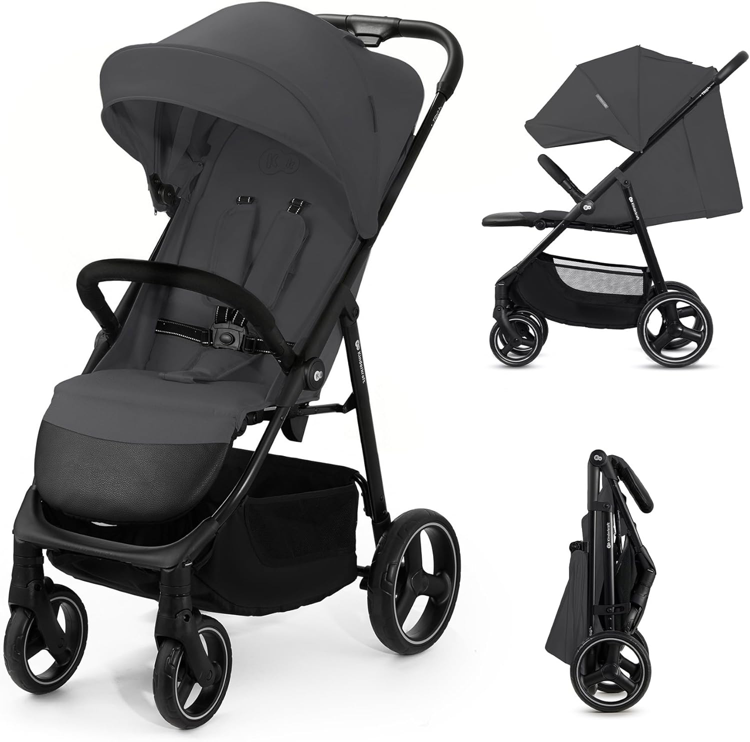 Kinderkraft Trig 3 Lightweight Stroller, Baby Pushchair, Easy Folding with One Hand, All Wheels Suspension, Ajustable Hood 5-Point Safety Harness, from Birth up to 25kg, Gray