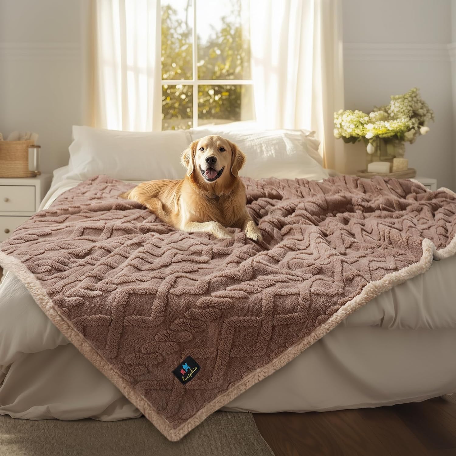 Waterproof Pet Blanket, Liquid Pee Proof Dog Blankets for Sofa Bed Couch, Reversible Sherpa Fleece Furniture Protector Cover for Small Medium Large Dogs Cats,Khaki X-Large（85" x 57"）
