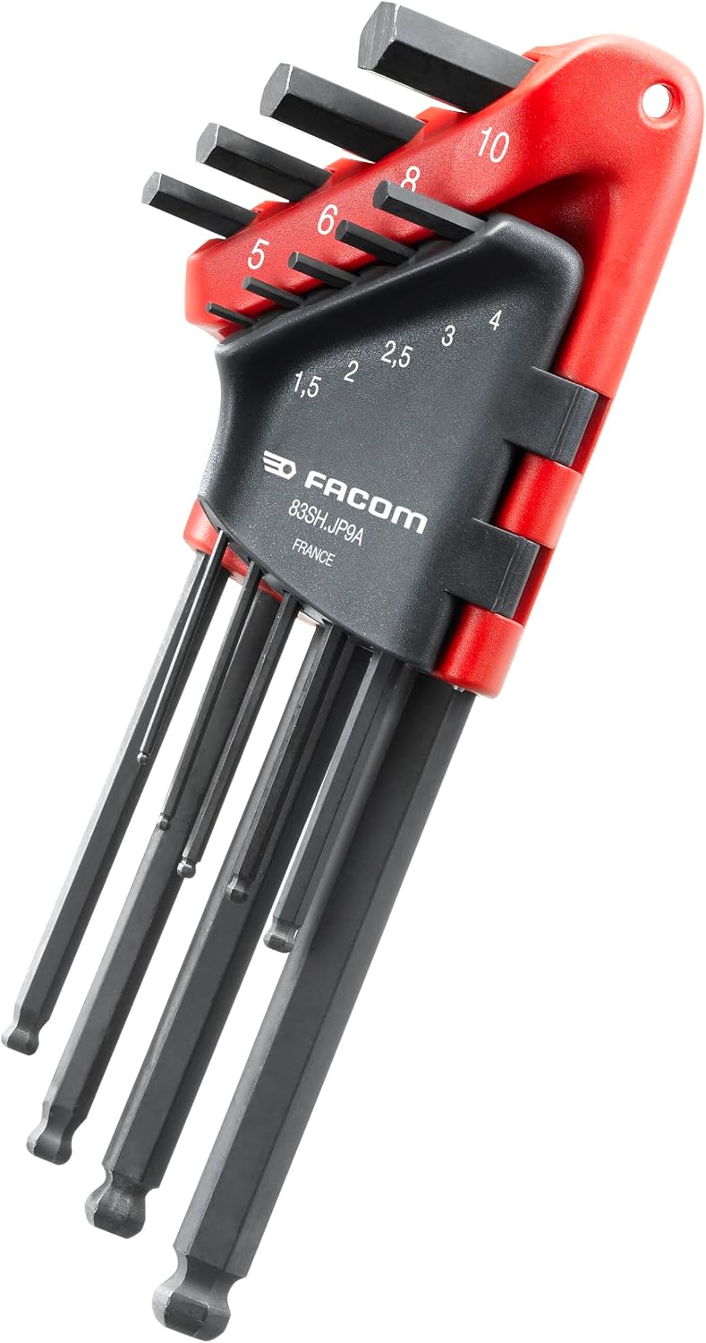 Facom 83SH.JP9A Long Sphere Metric Hexagon Key Set, 1.5mm-8mm, 9 Pieces