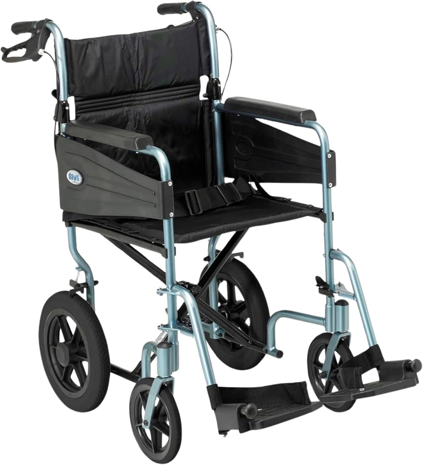Days Lightweight Wheelchair for Adults, Escape Folding Wheelchairs, Compact Wheel Chair with Adjustable Footrests, Attendant Propelled, Padded Seat - Standard, Blue
