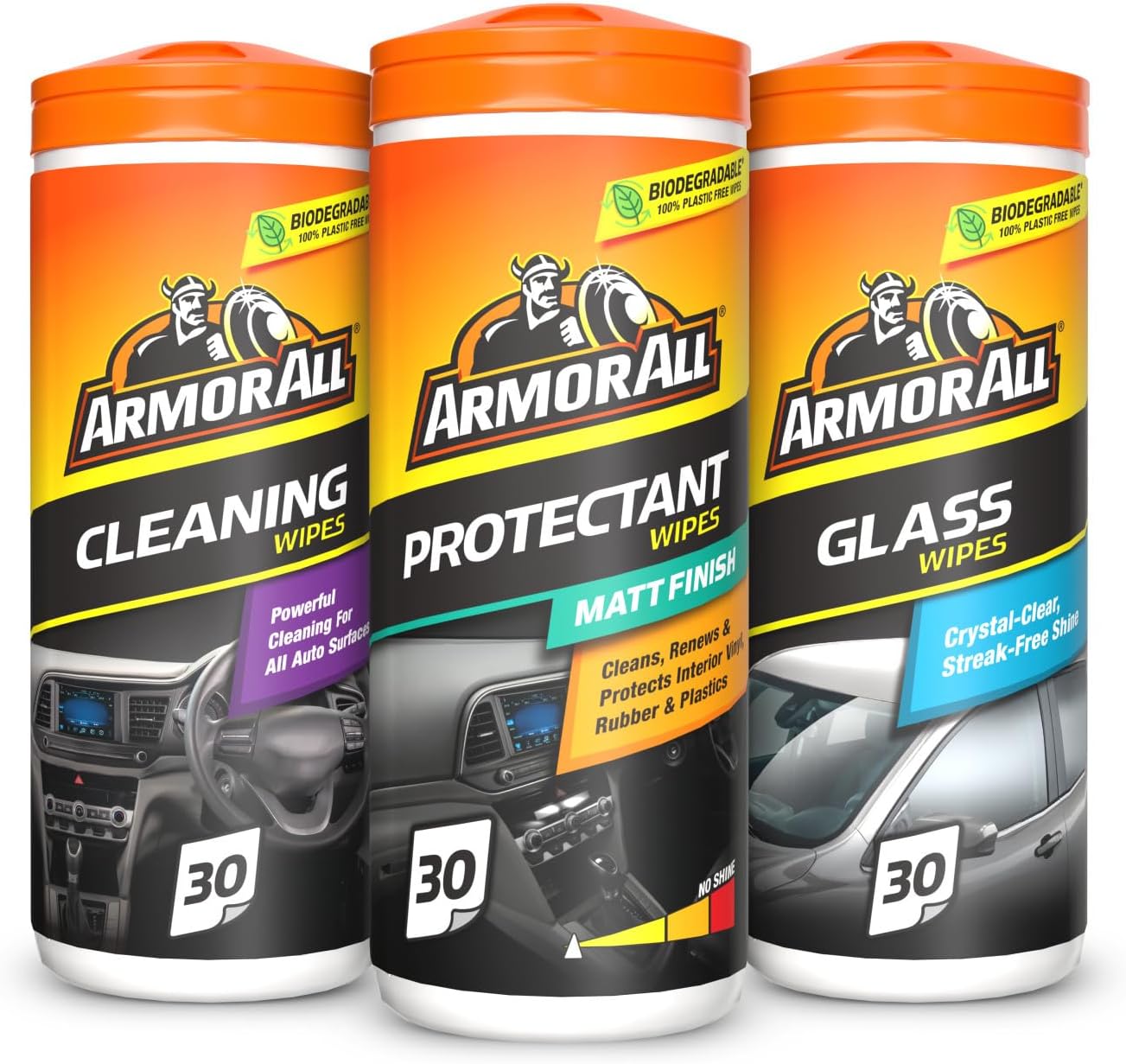 Armor All, Car Interior Cleaning Wipes, Triple Pack for Dashboard, Glass & All Around Interior, 90 Biodegradable Wipes (Set of 3x30 Plastic Free Wipes)