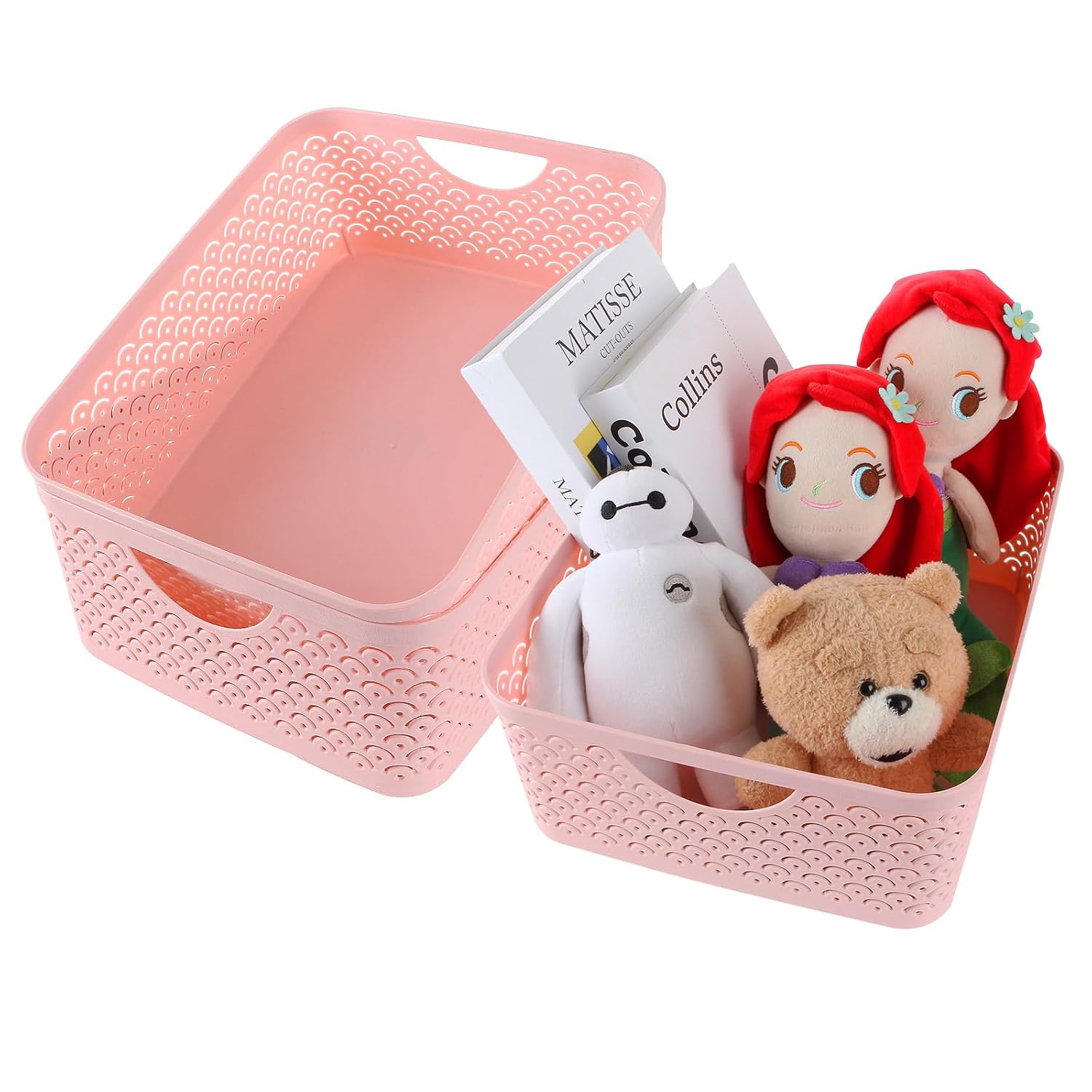 STARVAST 3 Pack Large Plastic Storage Baskets, Portable Pink Fish Scale Pattern Hollow Desktop Storage Bin Box with Handle for Cabinet Office Bathroom Closet– 13.8 x 11.2 x 5.1 inches