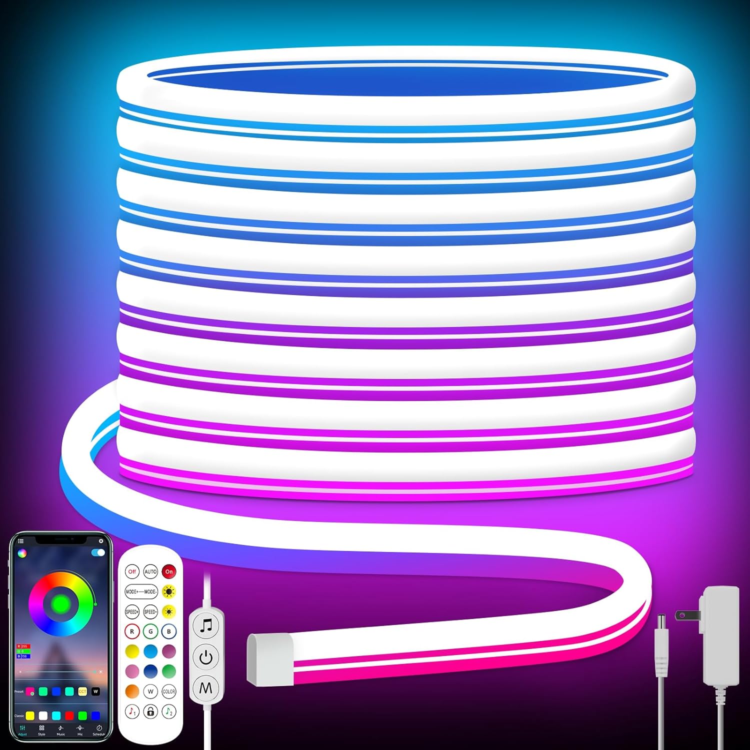 Tyute LED Neon Rope Lights,5m RGB LED Rope Lights with Remote APP Control Waterproof Flexible Neon Strip Lights 24V RGB Rope Lights for Bedroom Room Outdoors Decor
