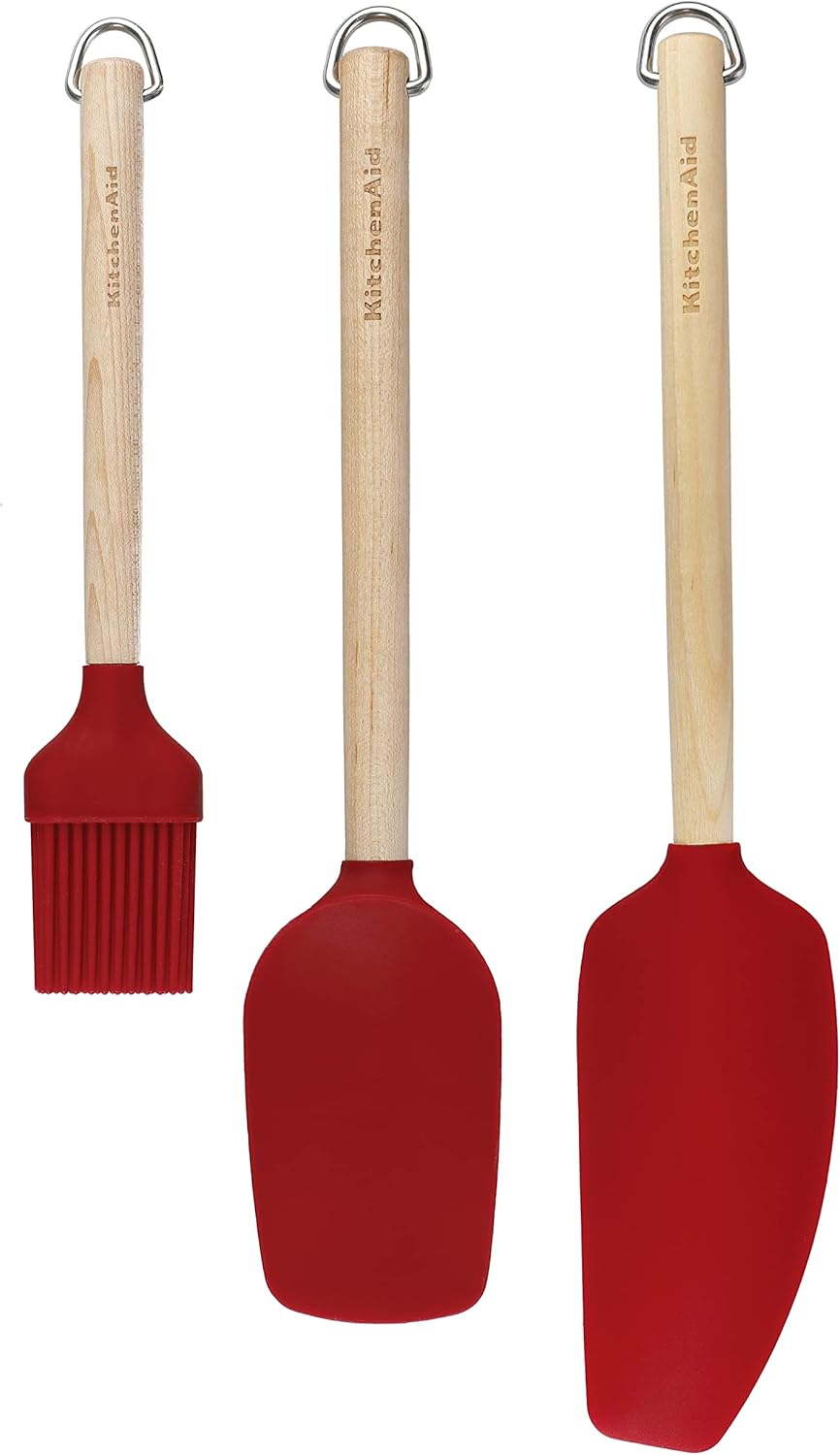KitchenAid 3pc Birchwood Baking Set with Pastry Brush, Spoon Spatula and Mixer Spatula, Red