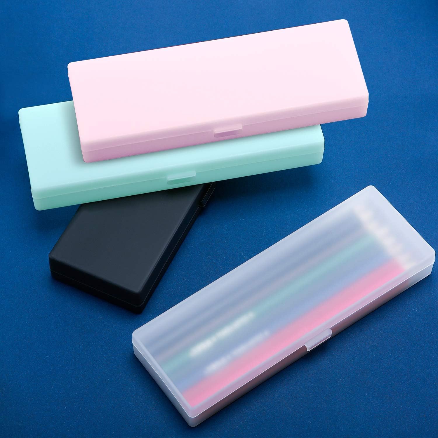 Chinco 4 Pieces Plastic Pencil Case Plastic Stationery Case with Hinged Lid and Snap Closure for Pencils, Pens, Drill Bits, Office Supplies (Black, Pink, White, Green)