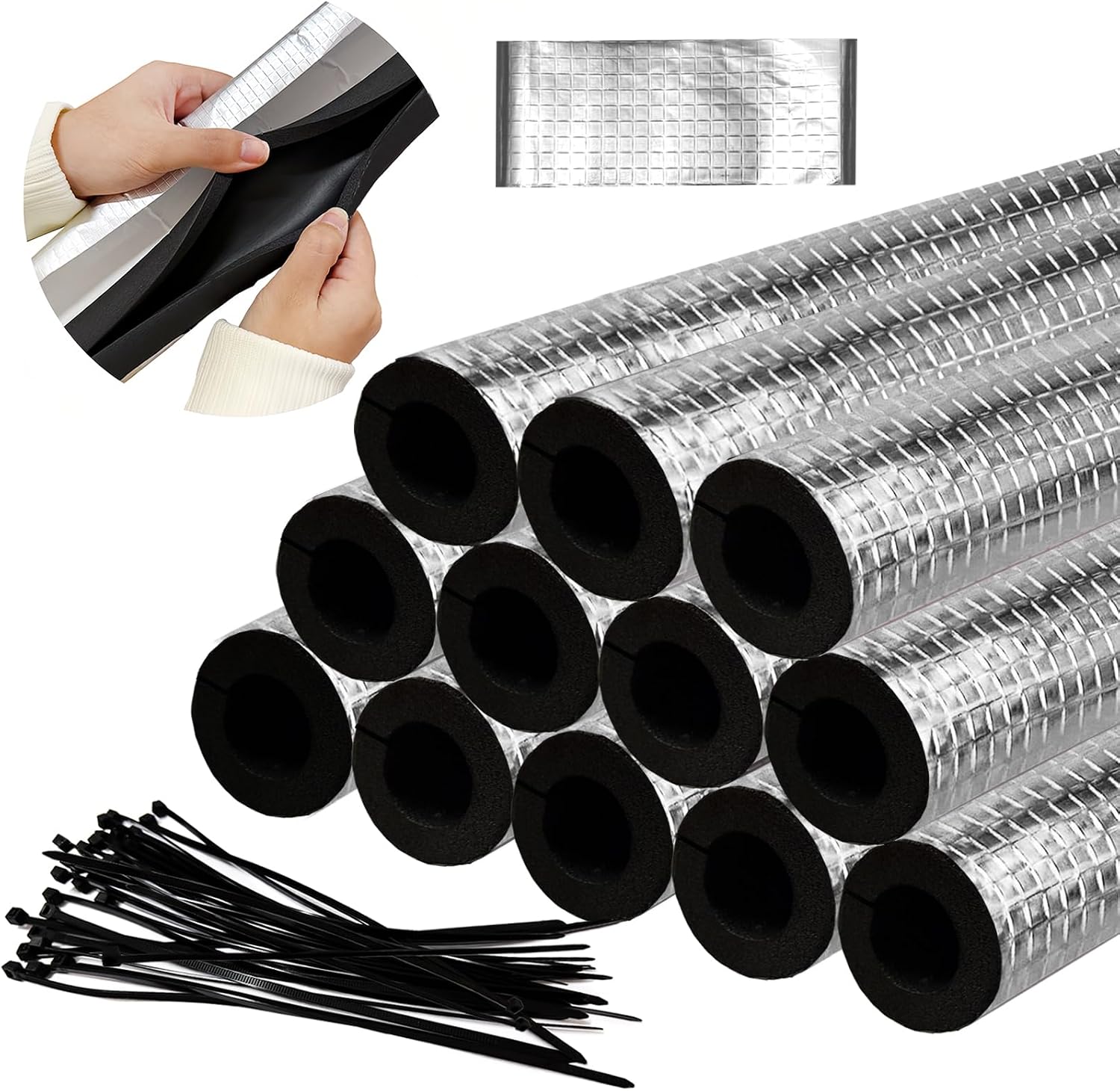 12 Pack Pipe Insulation Foam Tube,Self Adhesive Insulation Foam Wrap with Seam Tape and Zip Ties,Aluminum Foil Pipe Covers for Spigot,Sprinkler,Winter Outside Pipes,1.3 Ft x 0.8 Inch