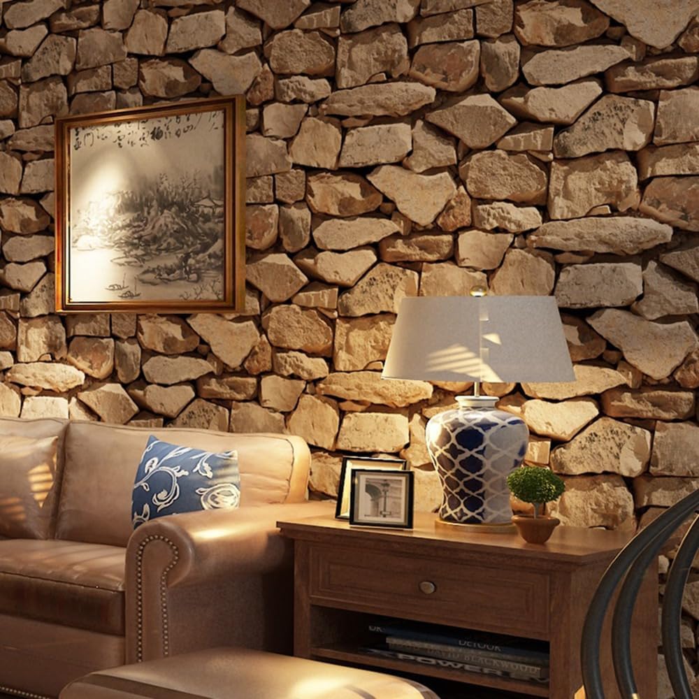 Tarwanear Rustic Stone Wallpaper - 3D Stone Effect Wall Paper, Brick Effect Wallpaper, Textured Thick Realistic Modern Accent Wall Panels for Living Spaces & Feature Walls