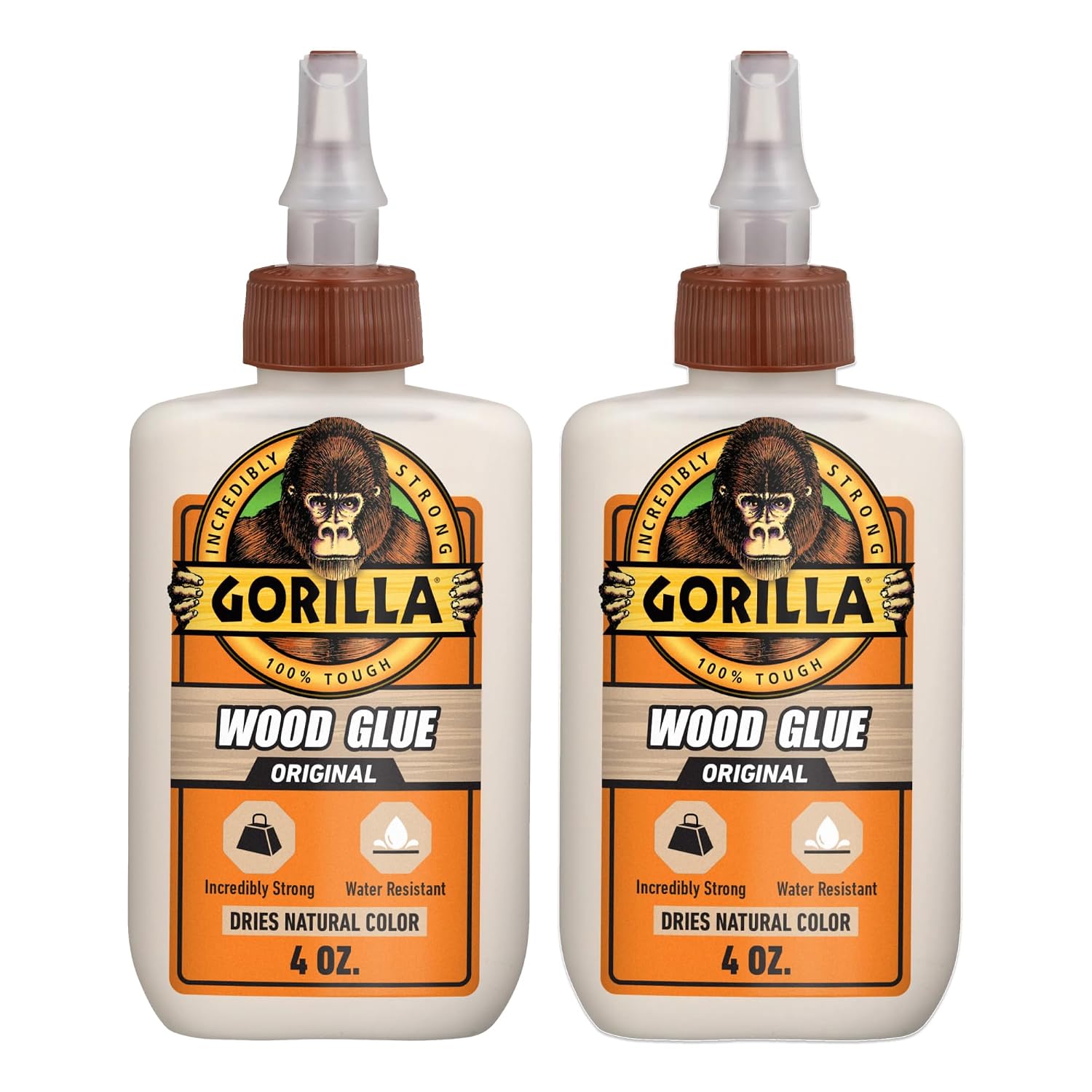 Gorilla Wood Glue, Water Resistant, Natural Color, 4 oz Bottle, 2-Pack