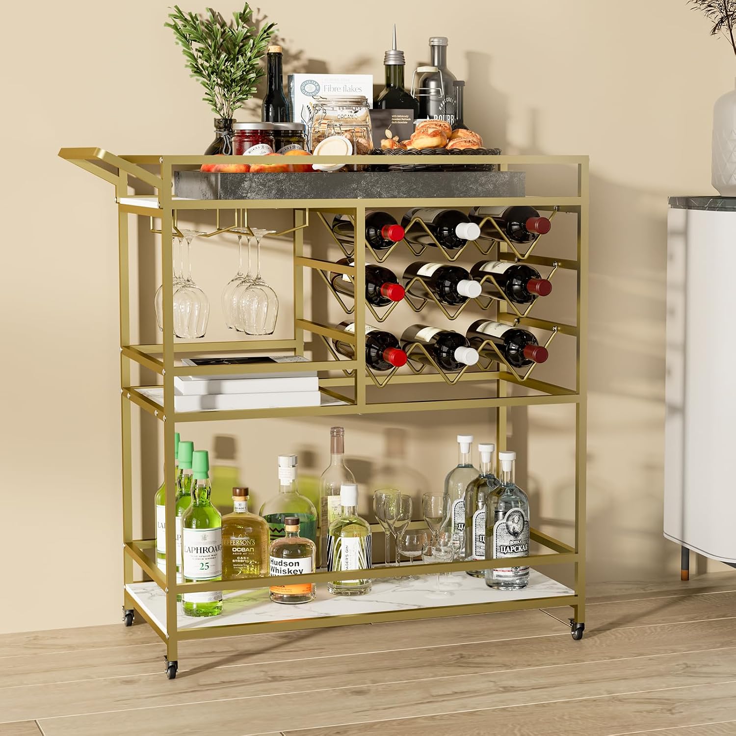DAWNYIELD 3 Tier Mobile Drinks Trolley Bar Serving Cart on Wheels with Wine Rack and Glass Holder Modern Rolling Drinks Storage Trolley for Home Kitchen Party Bar (Gold)