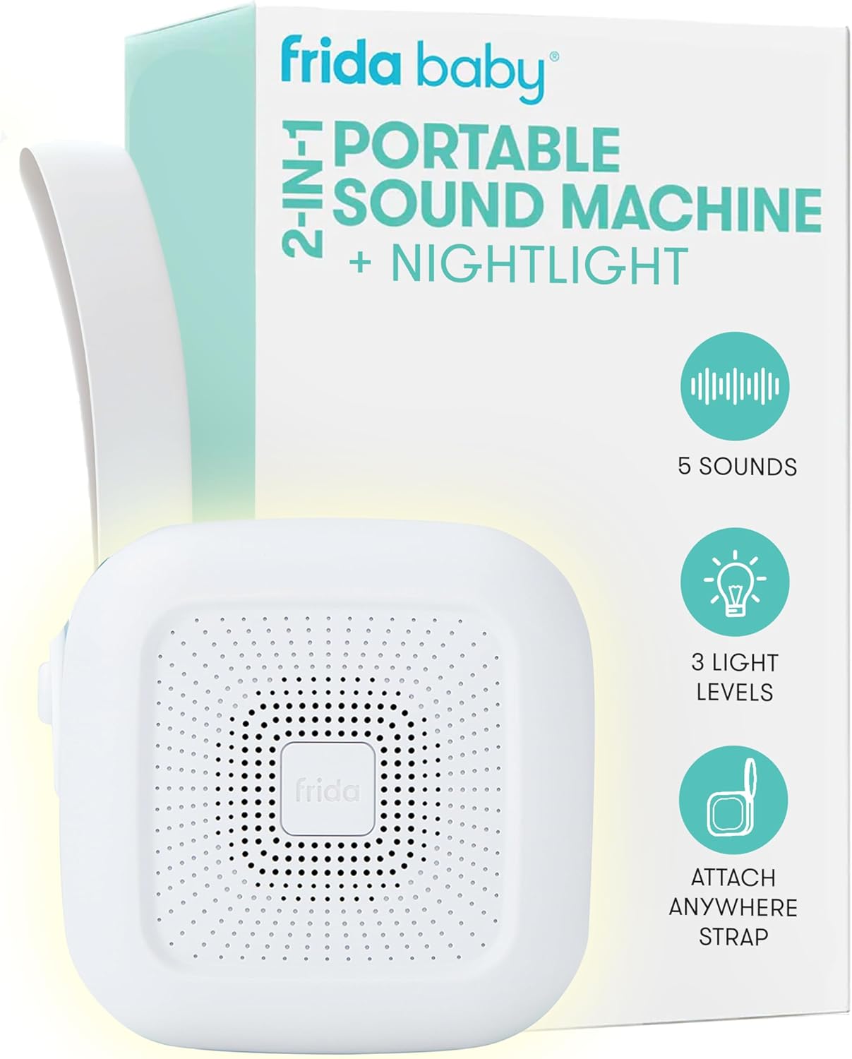 Frida Baby 2-in-1 Portable Sound Machine for Baby + Nightlight | White Noise Sound Machine for Baby with 5 Soothing Sounds & 3 Nightlight Modes | Travel Sound Machine Attaches to Strollers, Car Seats