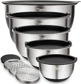 Wildone Mixing Bowls with Lids Set, 5PCS Stainless Steel Nesting Bowls with 3 Grater Attachments, Measurement Marks & Non-Slip Bottoms, Size 5, 3, 2, 1.5, 0.63 QT, Great for Mixing & Serving