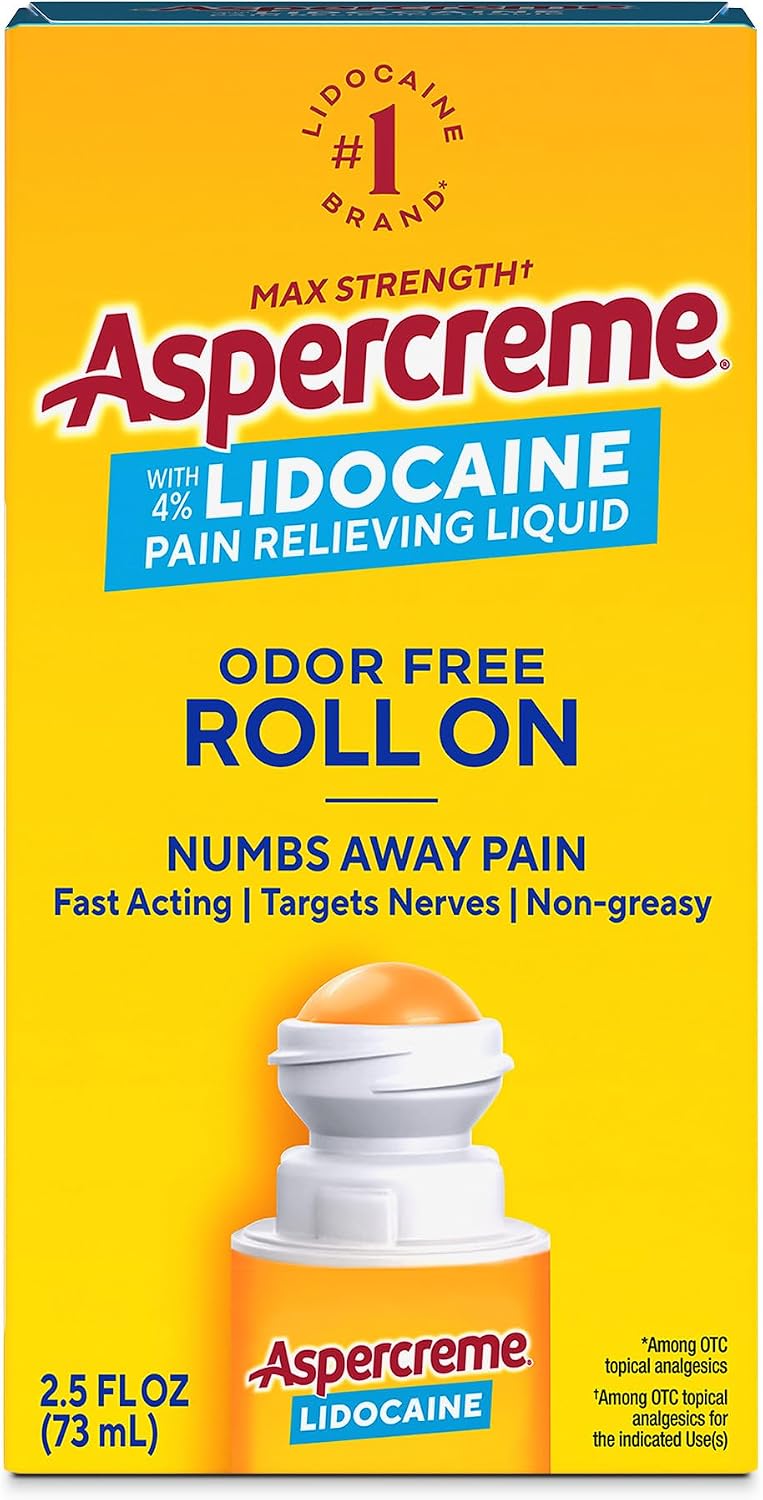 Aspercreme Lidocaine Pain Relief Liquid with No-Mess Roll-On Applicator, Max-Strength 4% Lidocaine Numbs Away Nerve Pain, Moisturizing Aloe Hydrates Dry Skin, 2.5 FL oz