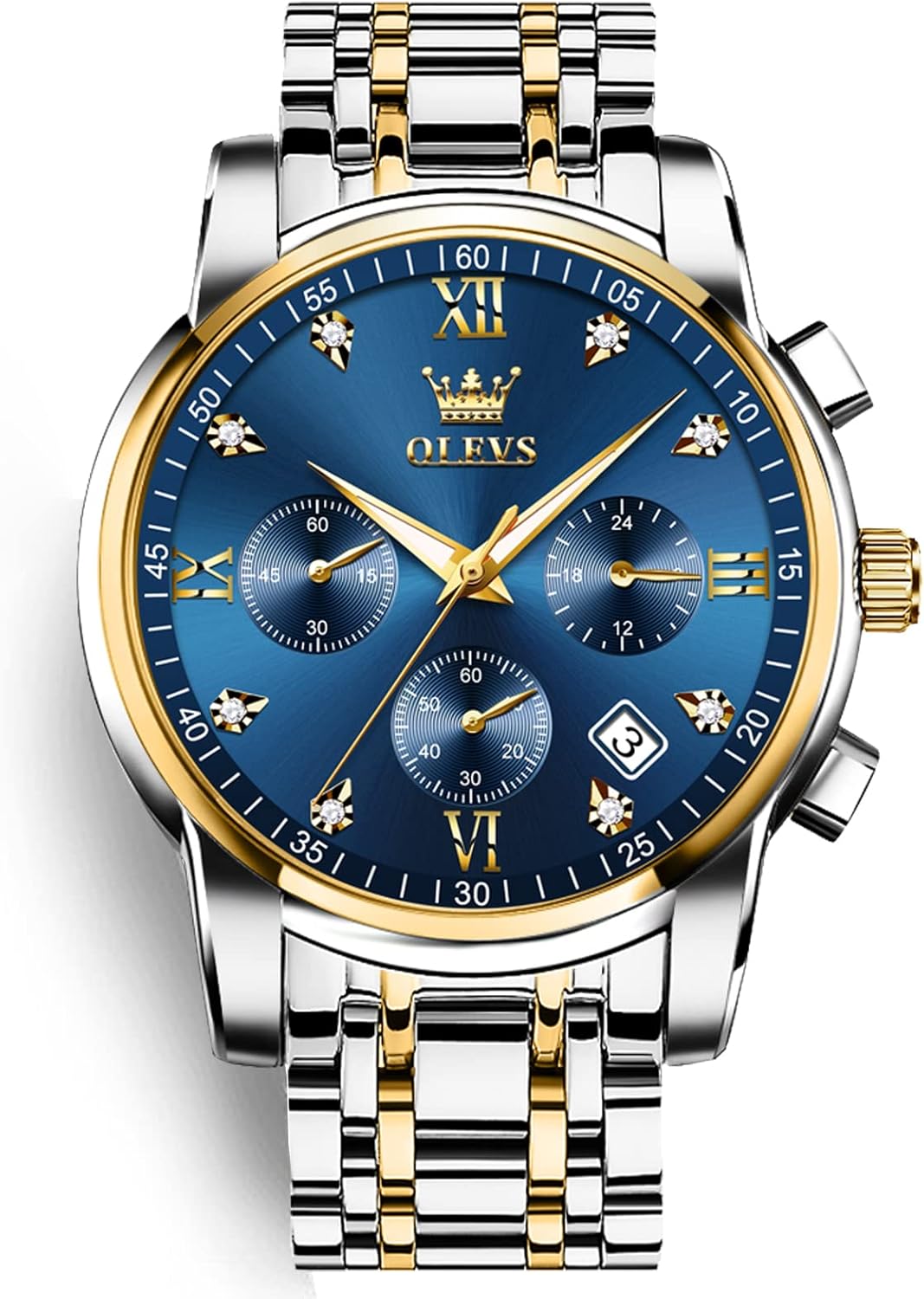 OLEVS Men's Chronograph Watch, Gold Silver Stainless Steel Analog Quartz Watch, Waterproof Multi-Function Dial with Date Diamond Watches for Men