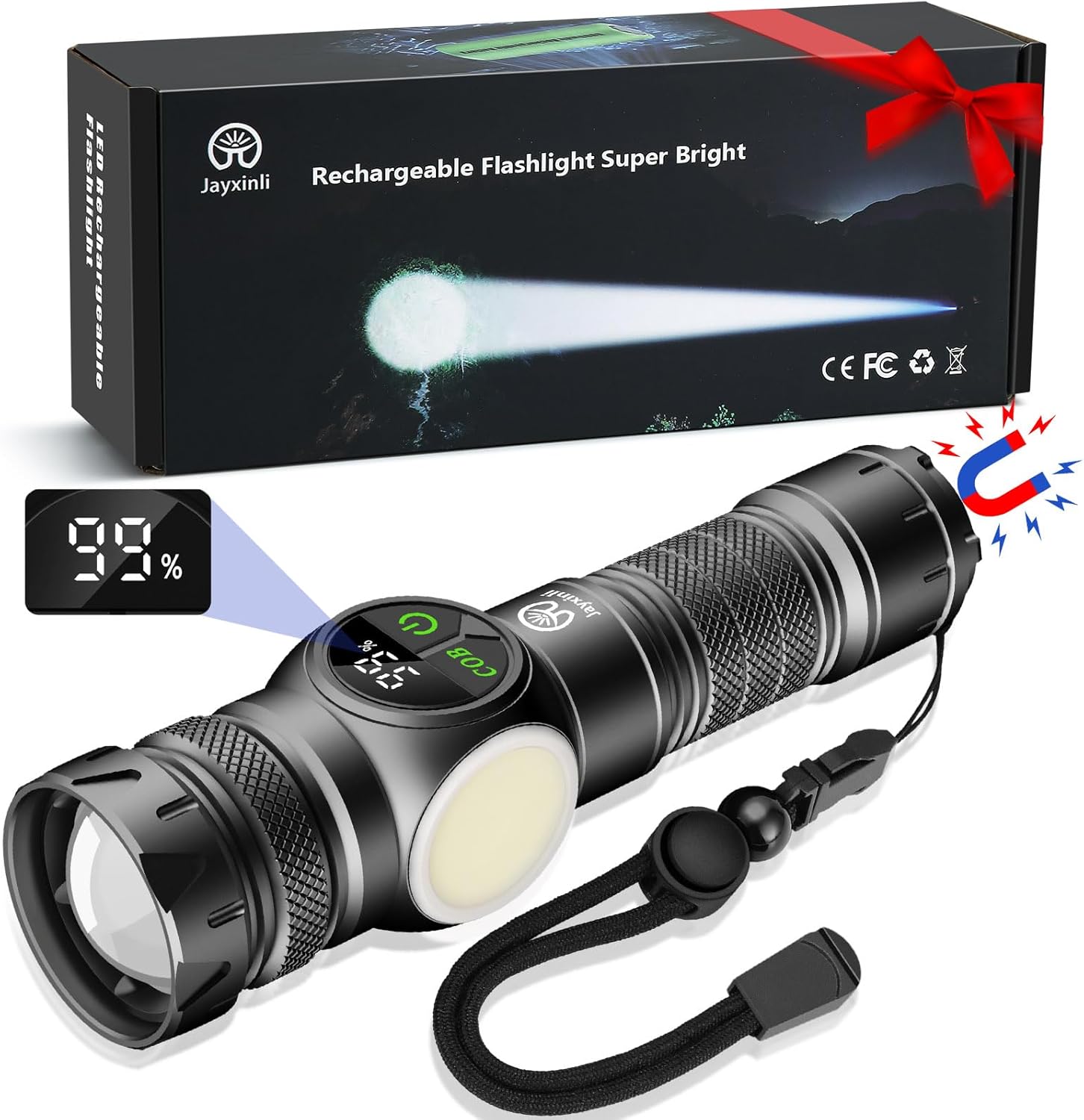 Jayxinli Torches LED Super Bright with Magnetic, 500000 Lumens High Power Rechargeable Torch with LCD Digital Display, Powerful Torch with 9 Light Modes and Zoom for Camping (with 5000mAh Battery)